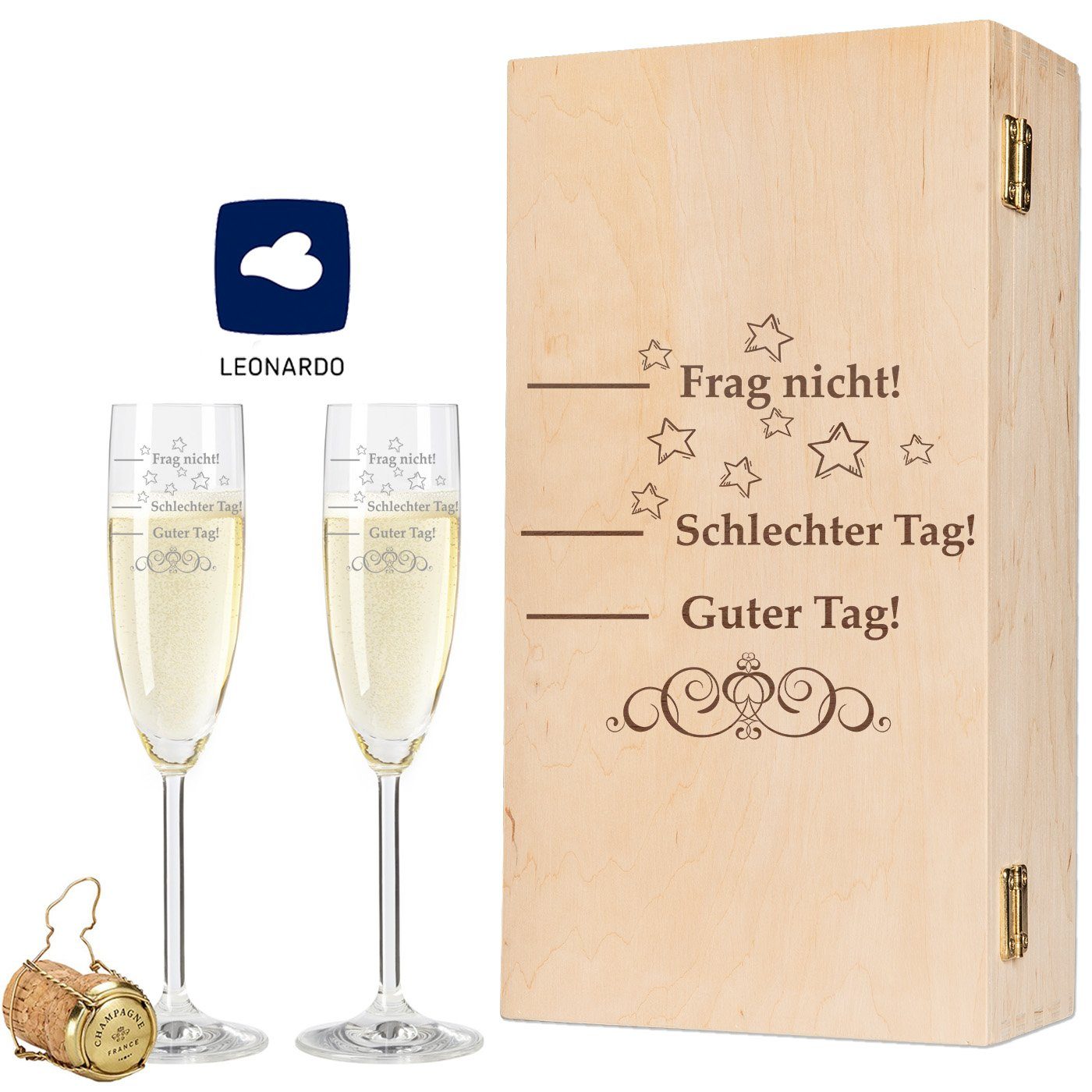 GRAVURZEILE Sektglas Leonardo Sektgläser im Set mit Gravur Schlechter Tag, Guter Tag - Frag nicht! - inkl. gravierter Vintage-Holzkiste - Lustiges & Originelles Geschenk - Geeignet für Champagner & Sekt, Glas