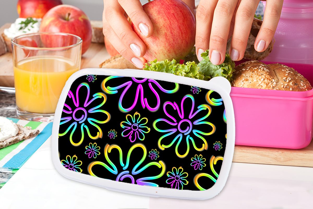Muster Lunchbox Erwachsene, Mädchen, Brotbox Blumen - MuchoWow Snackbox, (2-tlg), rosa Neon Kunststoff, Kinder, Psychedelisch, für - - Kunststoff Brotdose
