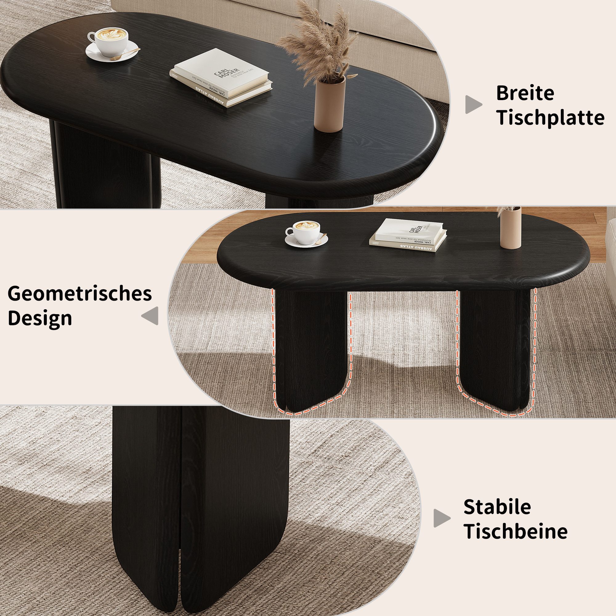 Merax Couchtisch Ovaler Sofatisch Salontisch mit dekorativen abgerundeten Beinen (1-St), Retro Beistelltisch in Schwarz-Optik, Wohnzimmertisch 99×50×40cm – Bild 5 von 5