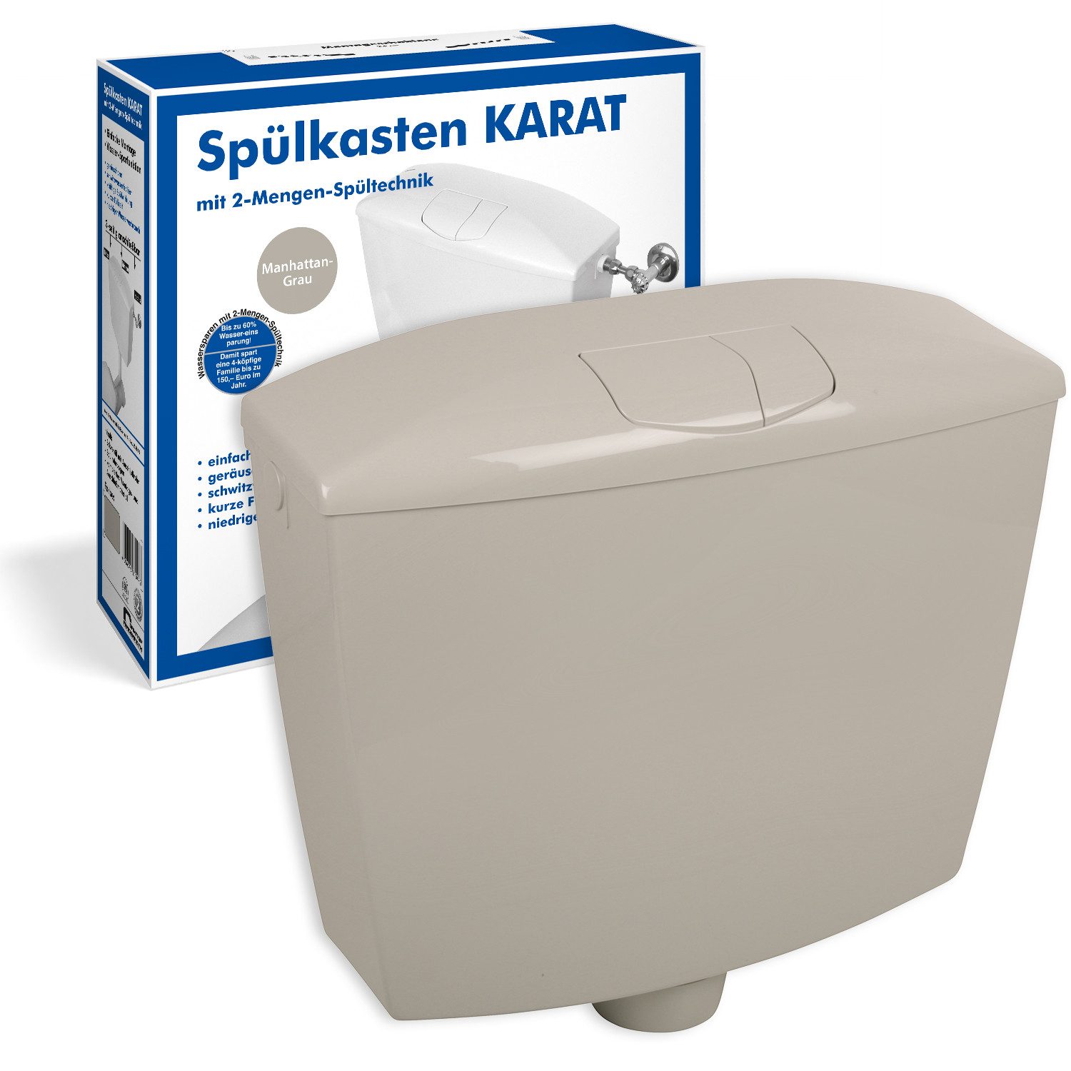 SANITOP WINGENROTH Spülkasten Karat, 9 l, Komplett-Set, Anschluss links oder rechts, Anschlussset hinten separat, Aufputz, Manhattan-Grau, Zwei-Mengen-Technik, Sparspülung, 210539