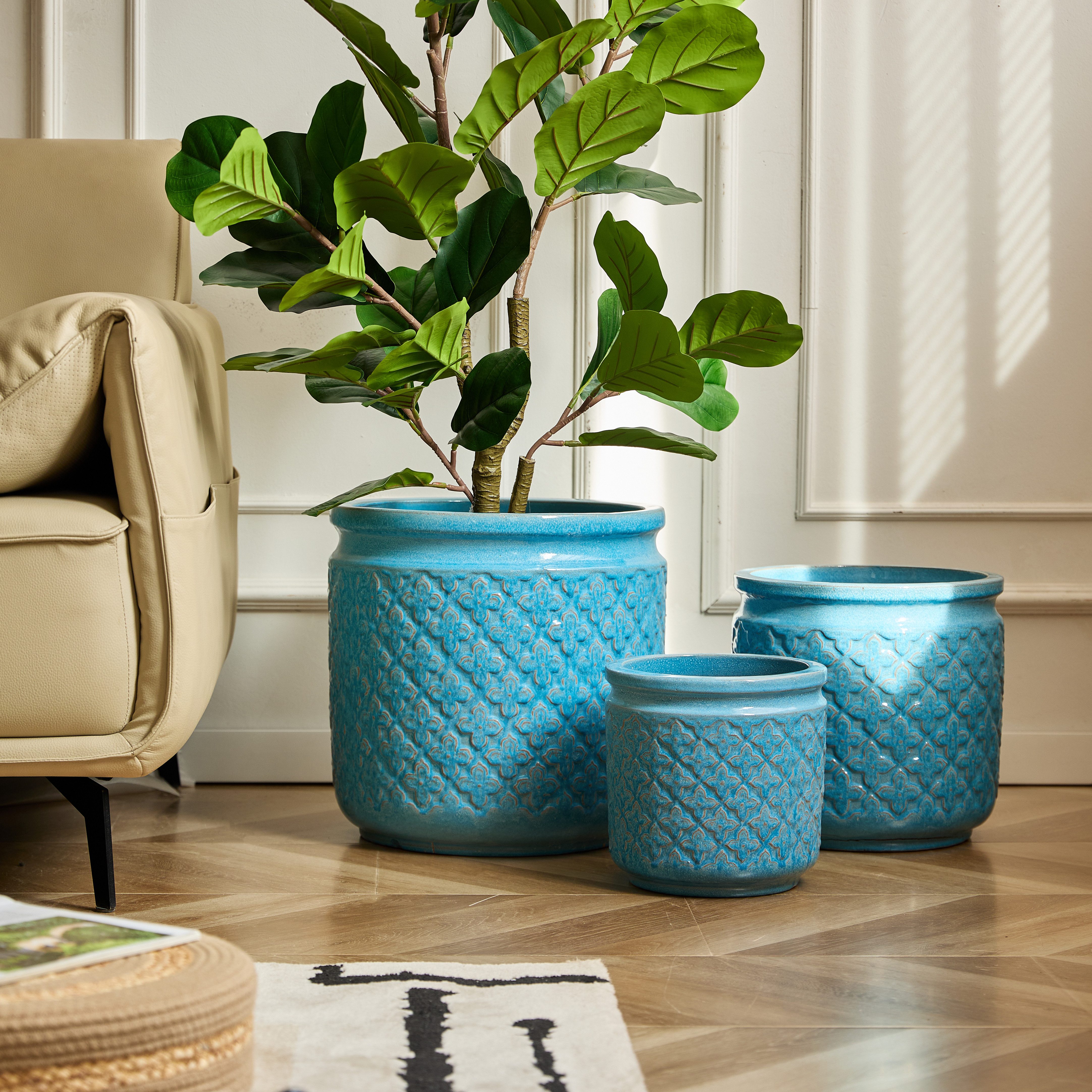 Celya Blumentopf 3-teiliges Keramikpflanztopf-Set (3st, Ø 38,1/30,5/22,9 cm, Eingebautes Abflussloch, aus atmungsaktiver Tonware), Für Innen- und Außenbereich geeignet