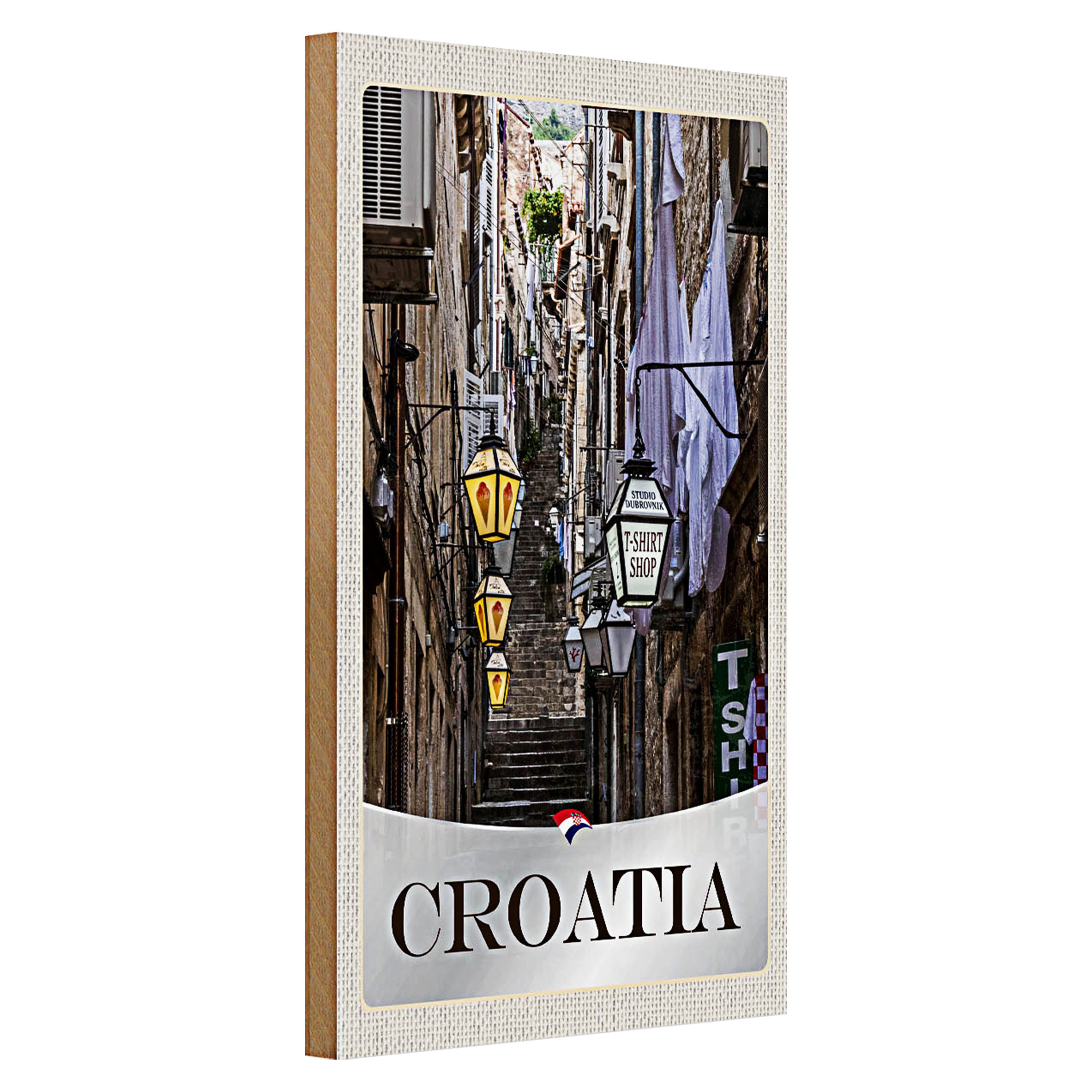 Roomando Holzbild Holzschild Reise 20x30cm Kroatien Altstadt Treppen Laterne