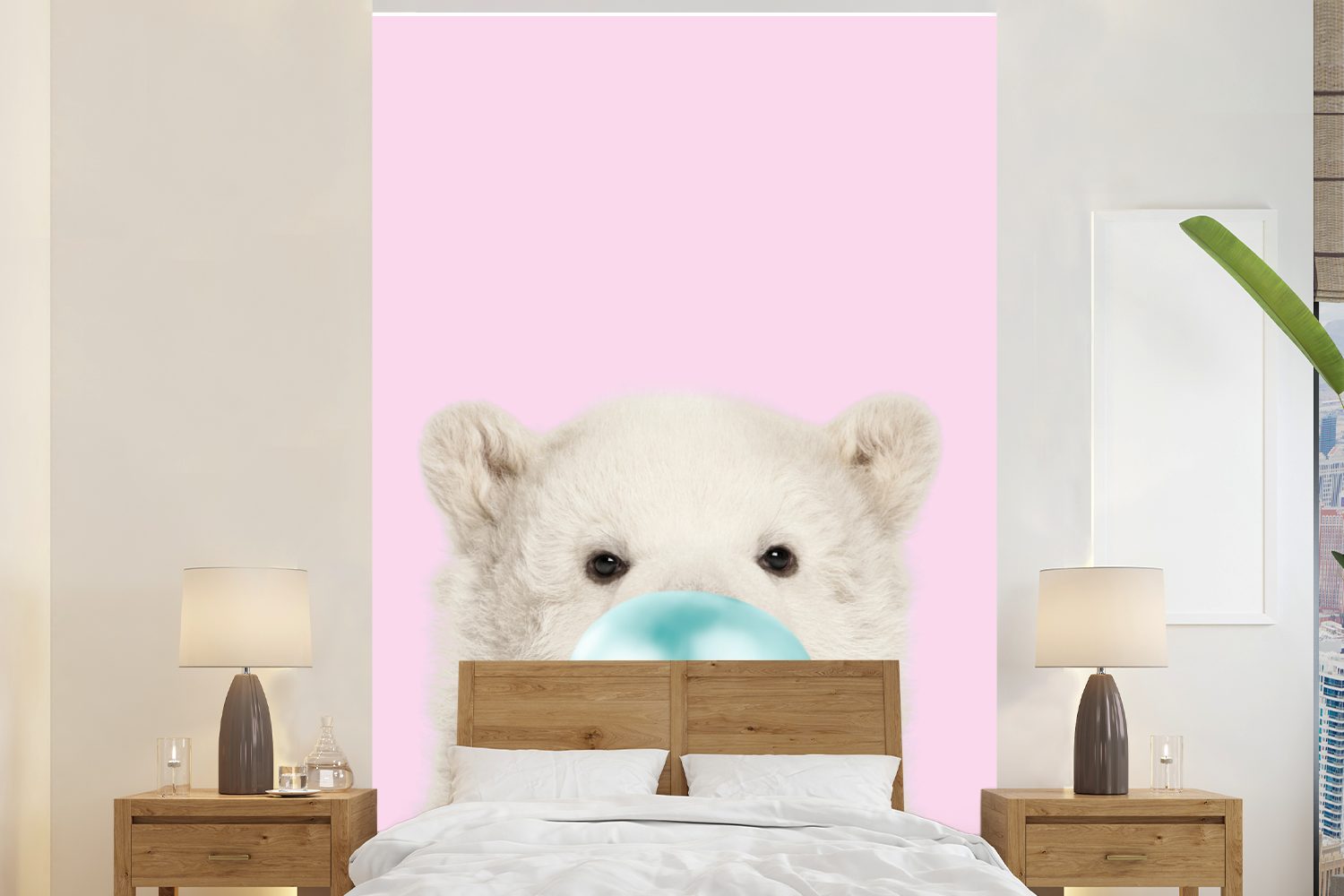- Wohnzimmer, - Wandtapete Eisbär für bedruckt, Mädchen, Rosa Vinyl Matt, - (3 Tapete MuchoWow - St), Fototapete - Kinder Montagefertig Blau Kaugummi