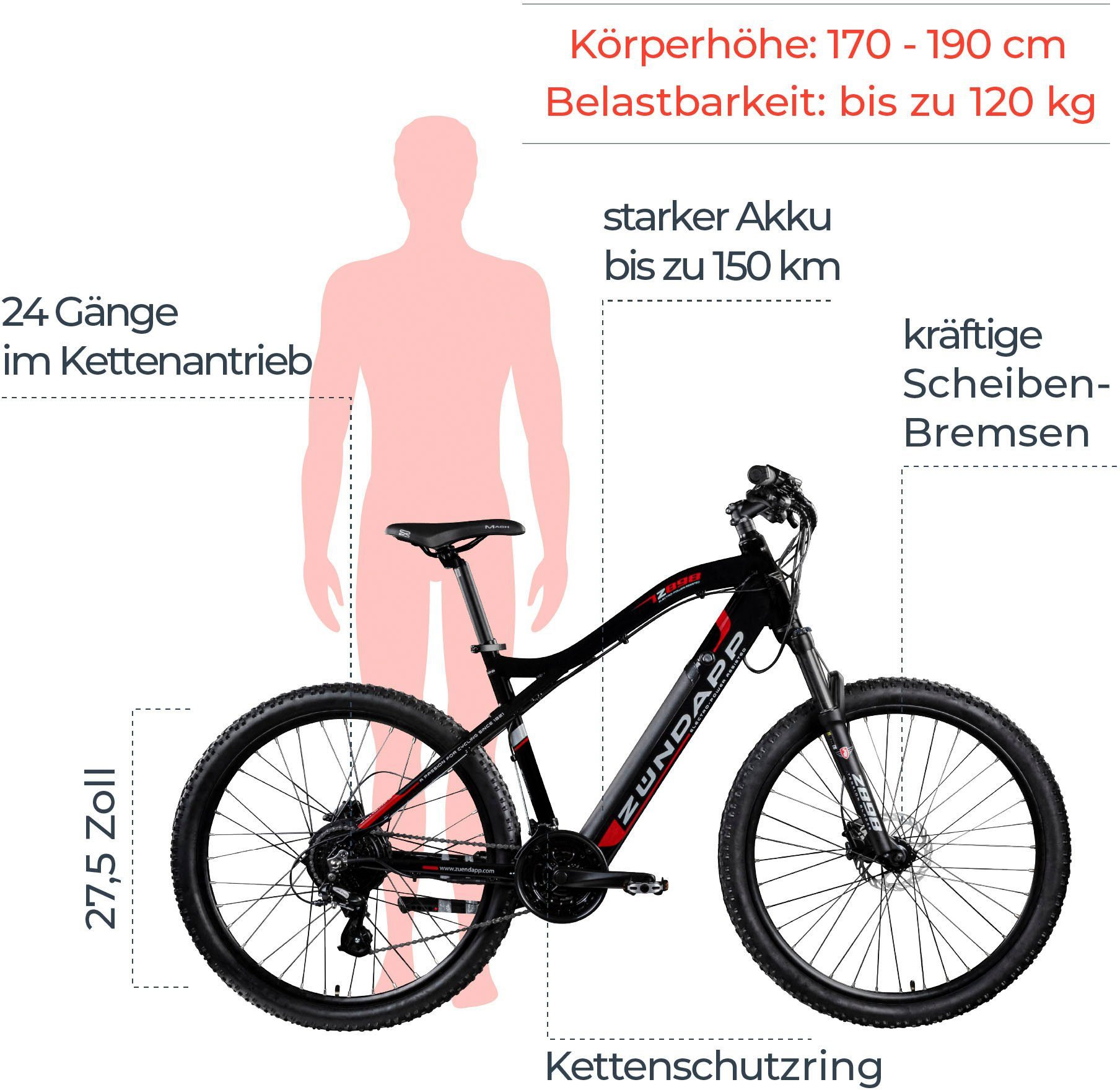 Akku 24 Heckmotor, E-Bike Z898, Gang, 504 Kettenschaltung, Wh Zündapp