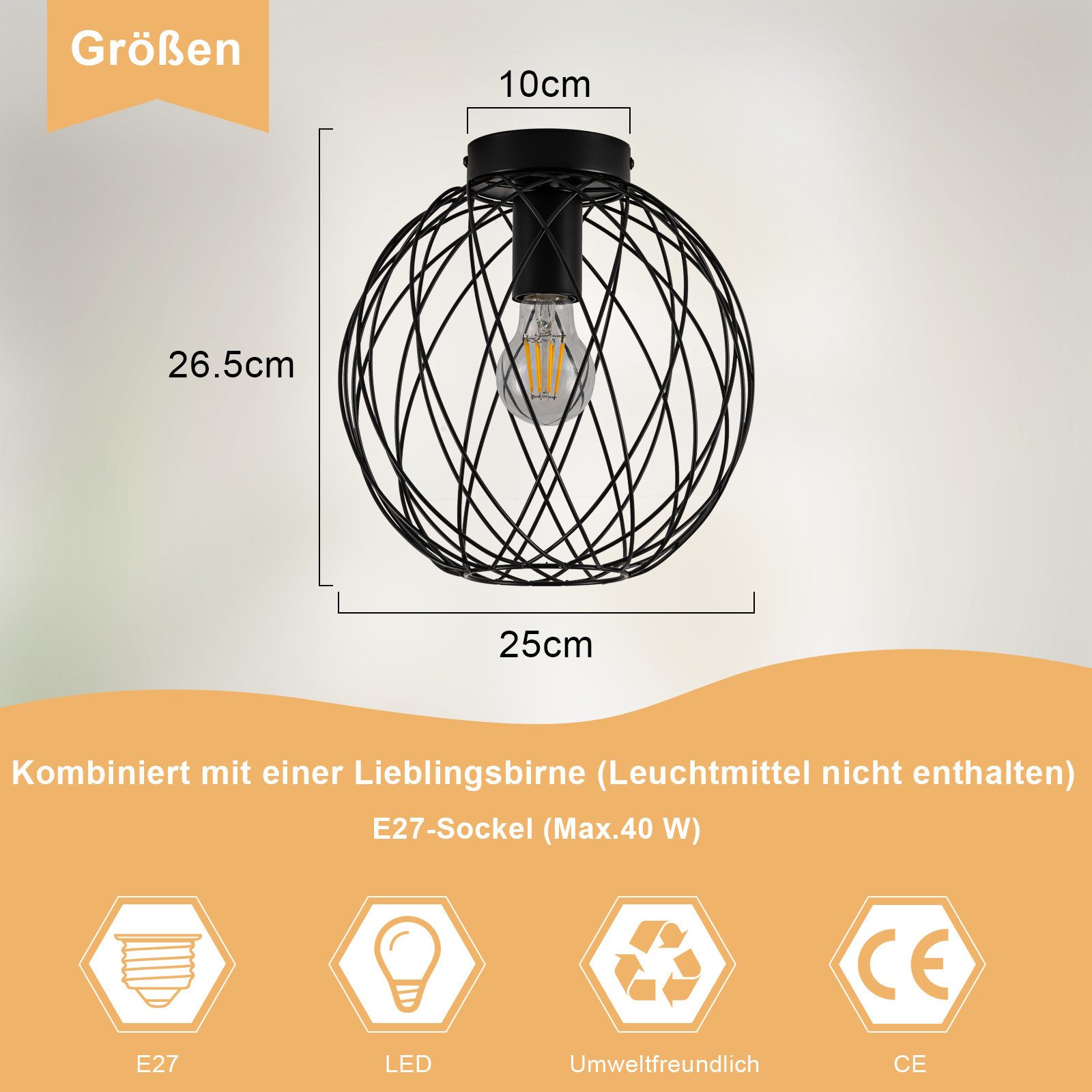 Nettlife Deckenleuchte Schwarz Vintage Kaefig Deckenstrahler E27 Lampenfassung Metall, LED wechselbar, Einzeln Esszimmerlampe für Wohnzimmer Küche Schlafzimmer Flur