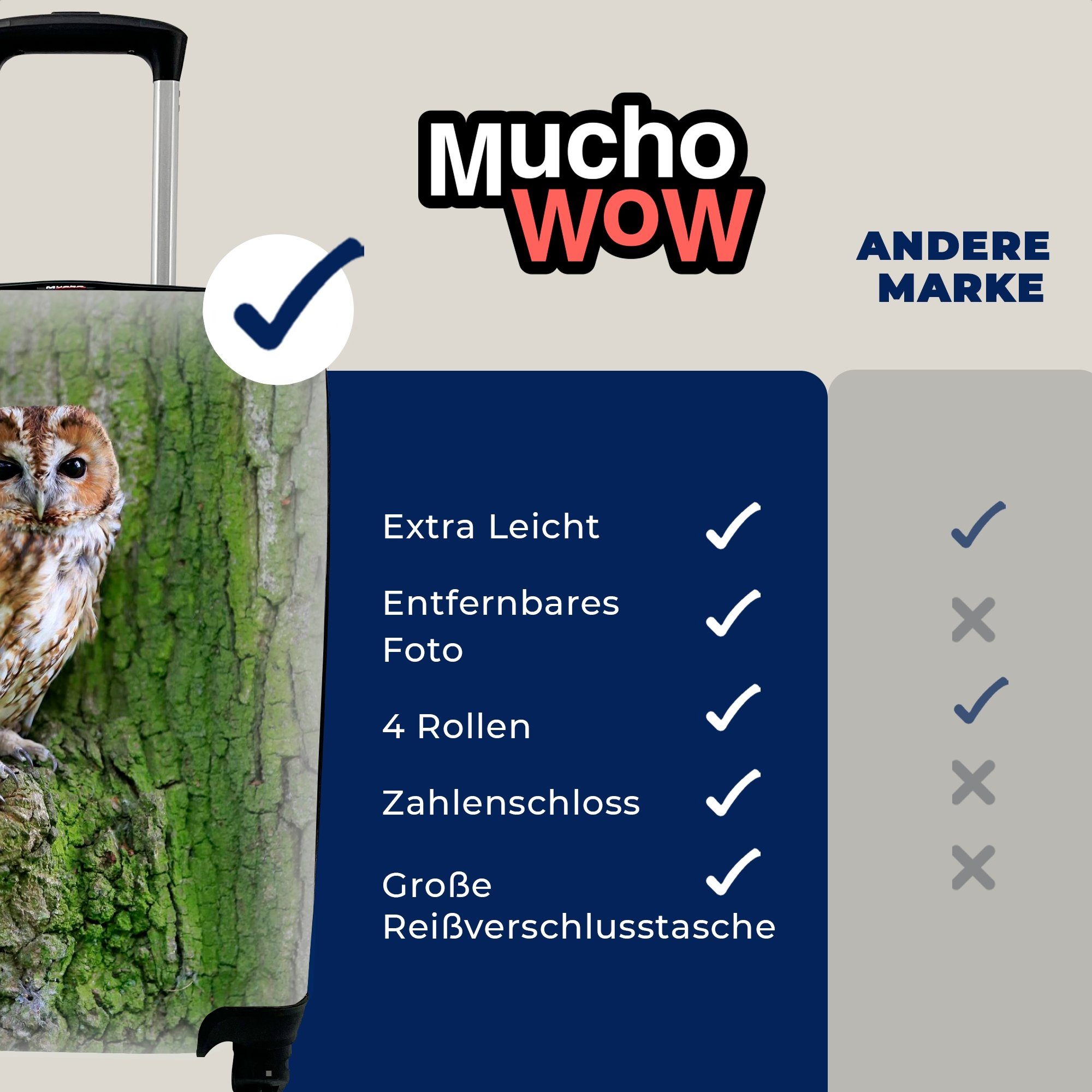 Reisekoffer Waldkauz auf einem MuchoWow Moos, für Ferien, 4 mit Rollen, mit Trolley, Ein Reisetasche Baum rollen, Handgepäckkoffer Handgepäck