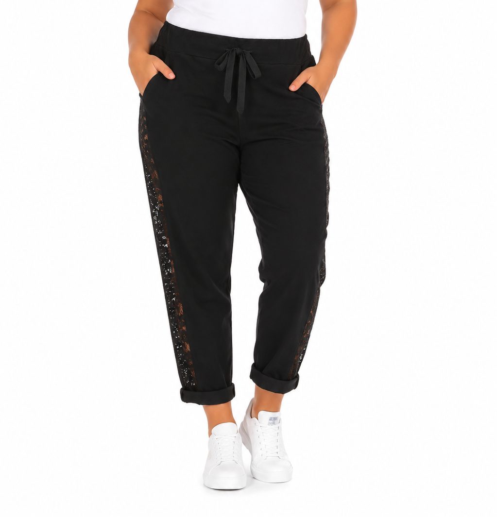 Mississhop Boyfriend-Hose Damen-Hose mit Spitzendetail an der Seite– Baumwolle Gr. 38-50