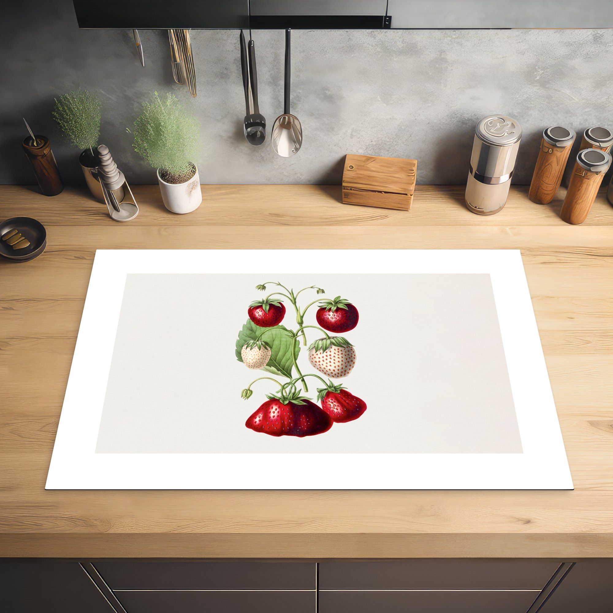 Obst die (1 küche, Induktionskochfeld - - Herdblende-/Abdeckplatte tlg), Gesund, Schutz 81x52 cm, Ceranfeldabdeckung Erdbeeren MuchoWow Vinyl, für