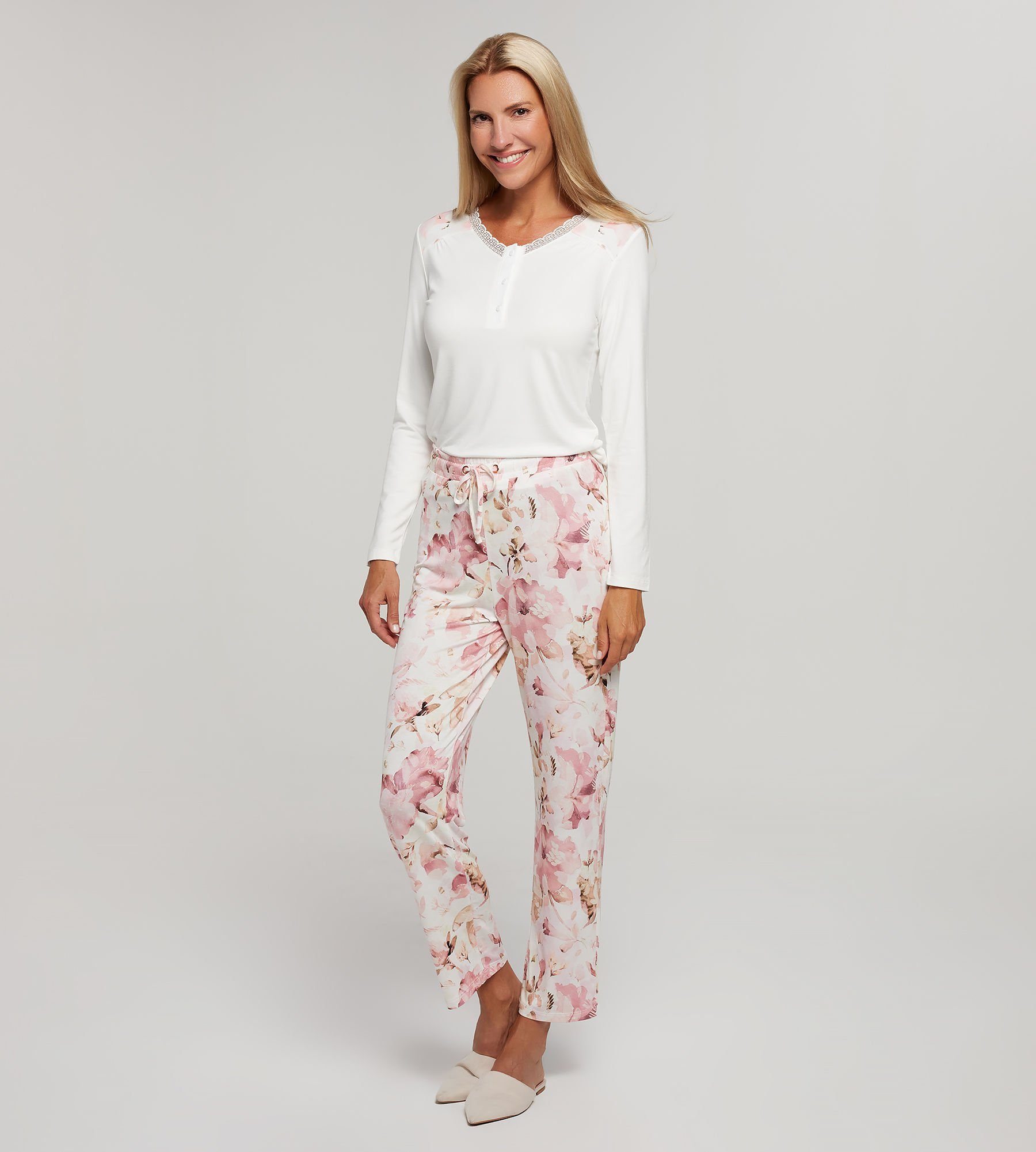 Langarmshirt (Set, mit elastisch floralem 2-teilig) Pyjama & Druck Shape Pure Hose