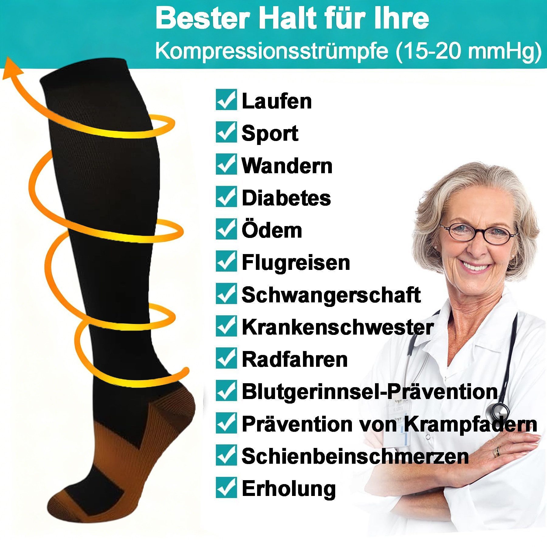 Mutig Kompressionsstrümpfe 6 Paar Lange Kompressionssocken für Damen & Herren (Sportsocken & Reisesocken, Bequem und Elastisch) Ideal für Sport, Reisen und Allt – Bild 5 von 5