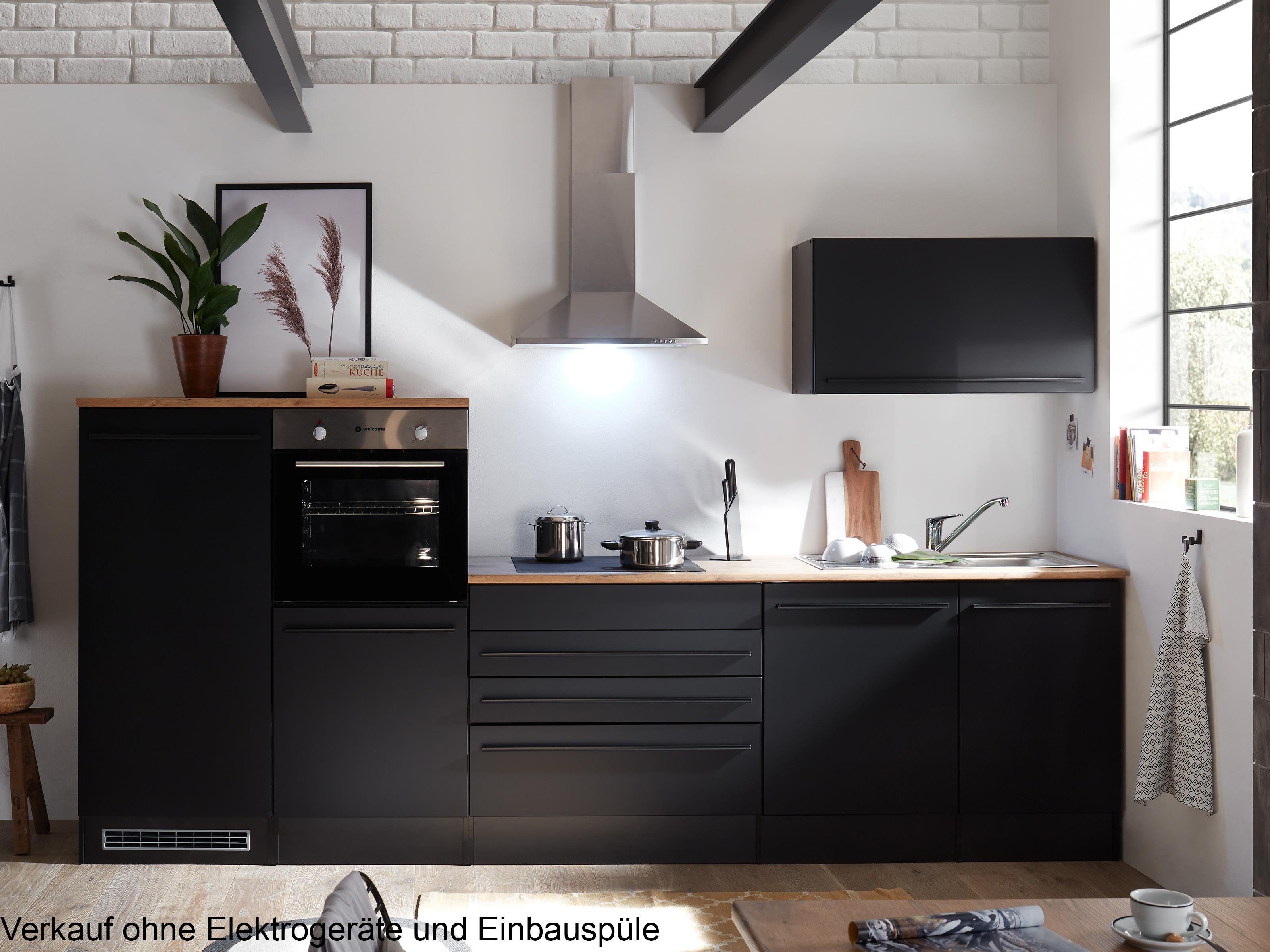 möbelando Küchenzeile Jamesy, ohne Elektrogeräte in schwarz matt / Eiche – 200x200x60 cm (B/H/T)