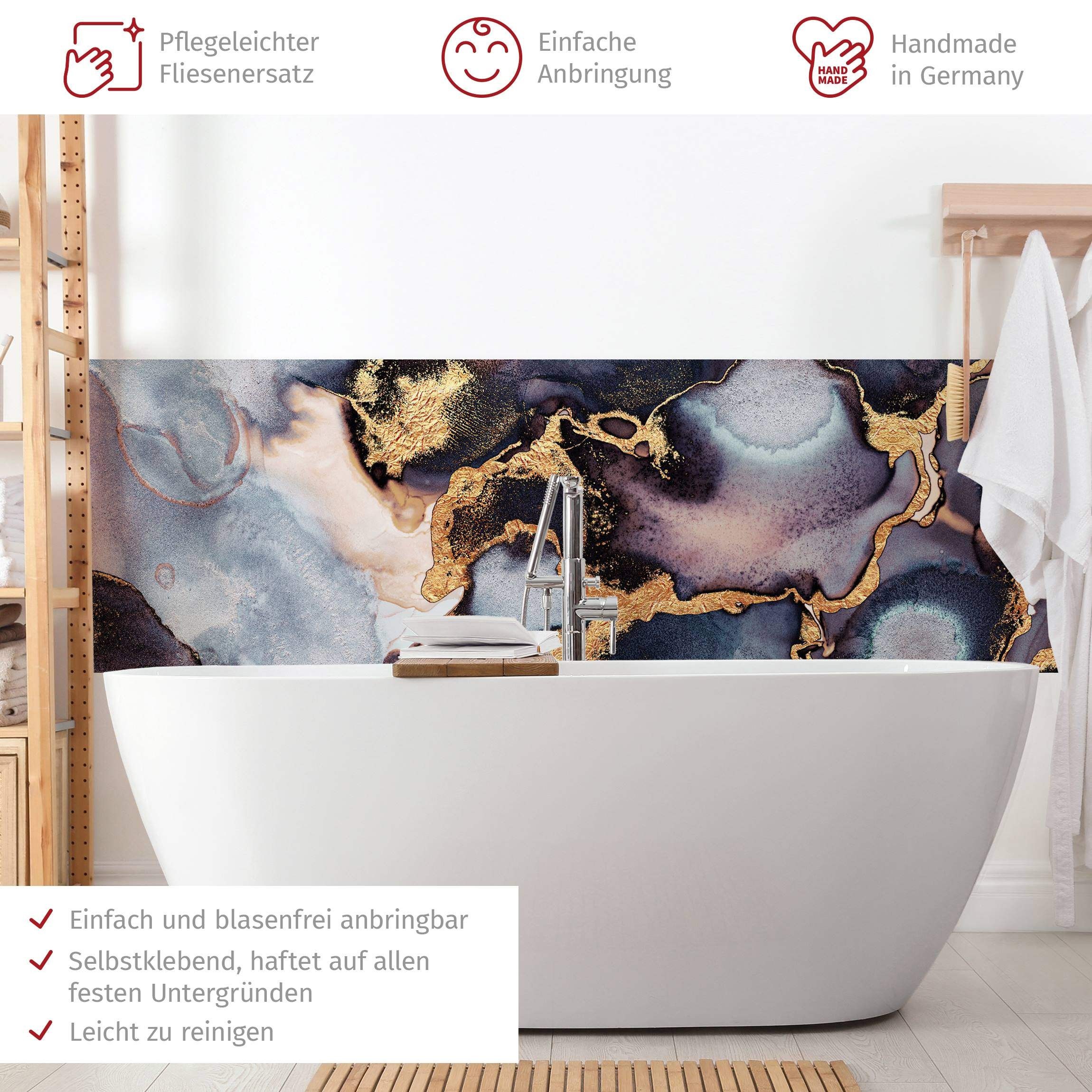 Bilderdepot24 Badrückwand gold fugenlose Wandverkleidung Bad Abstrakt, (Hartfolie matt » Selbstklebend SMART 0,35 mm), wasserfestes Wandpaneel Marmor Aquarell Gold