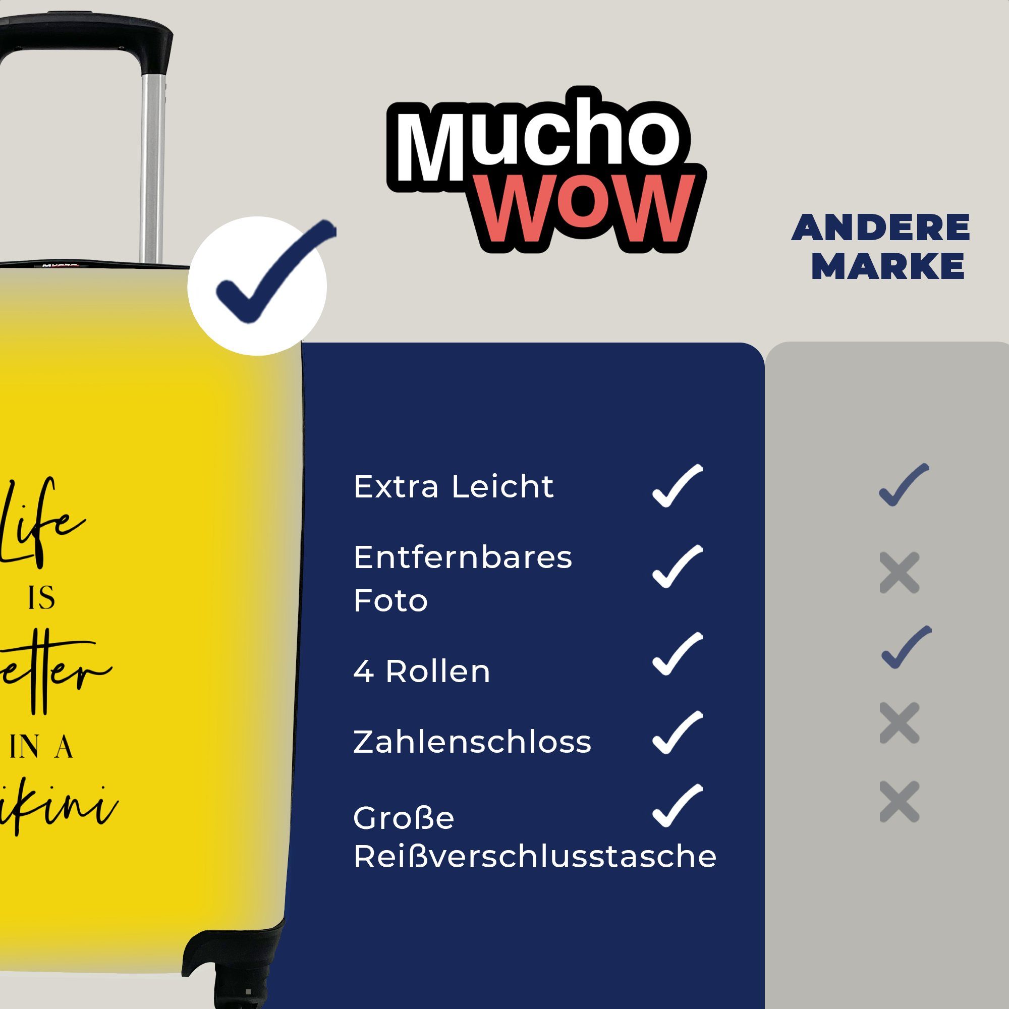 MuchoWow Handgepäckkoffer Leben Rollen, 4 - besser für Handgepäck im Reisetasche - ist Reisekoffer mit Trolley, Bikini Ferien, rollen, Gelb Das Zitat