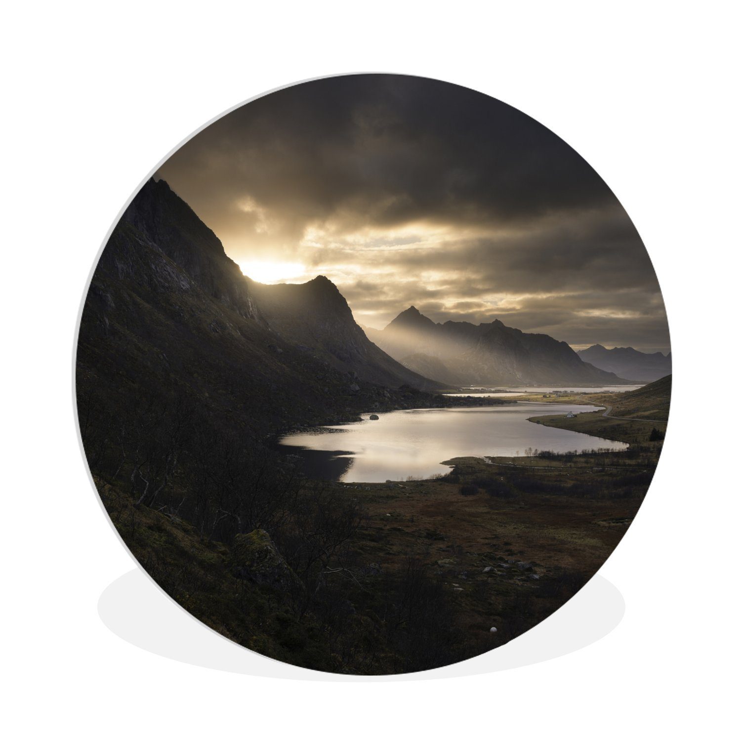 MuchoWow Gemälde Die letzten Sonnenstrahlen fallen über die Lofoten Norwegen, (1 St), Kreis Wanddekoration Forex, Rundes Wandbild, Wohnzimmer, 30x30 cm