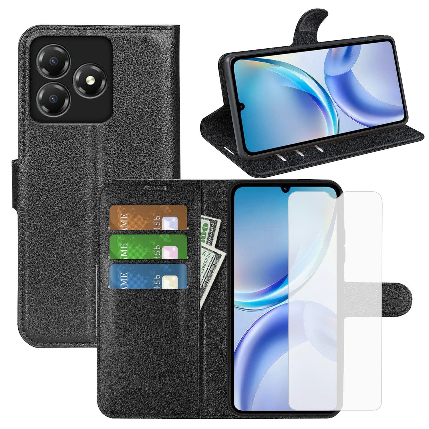 Wigento Smartphone-Hülle Für ZTE Blade A36 Kunstleder Book Wallet Hülle Schwarz + 9H Hart Glas, Produktset Kunst-Leder Tasche + H9 Hart Glas