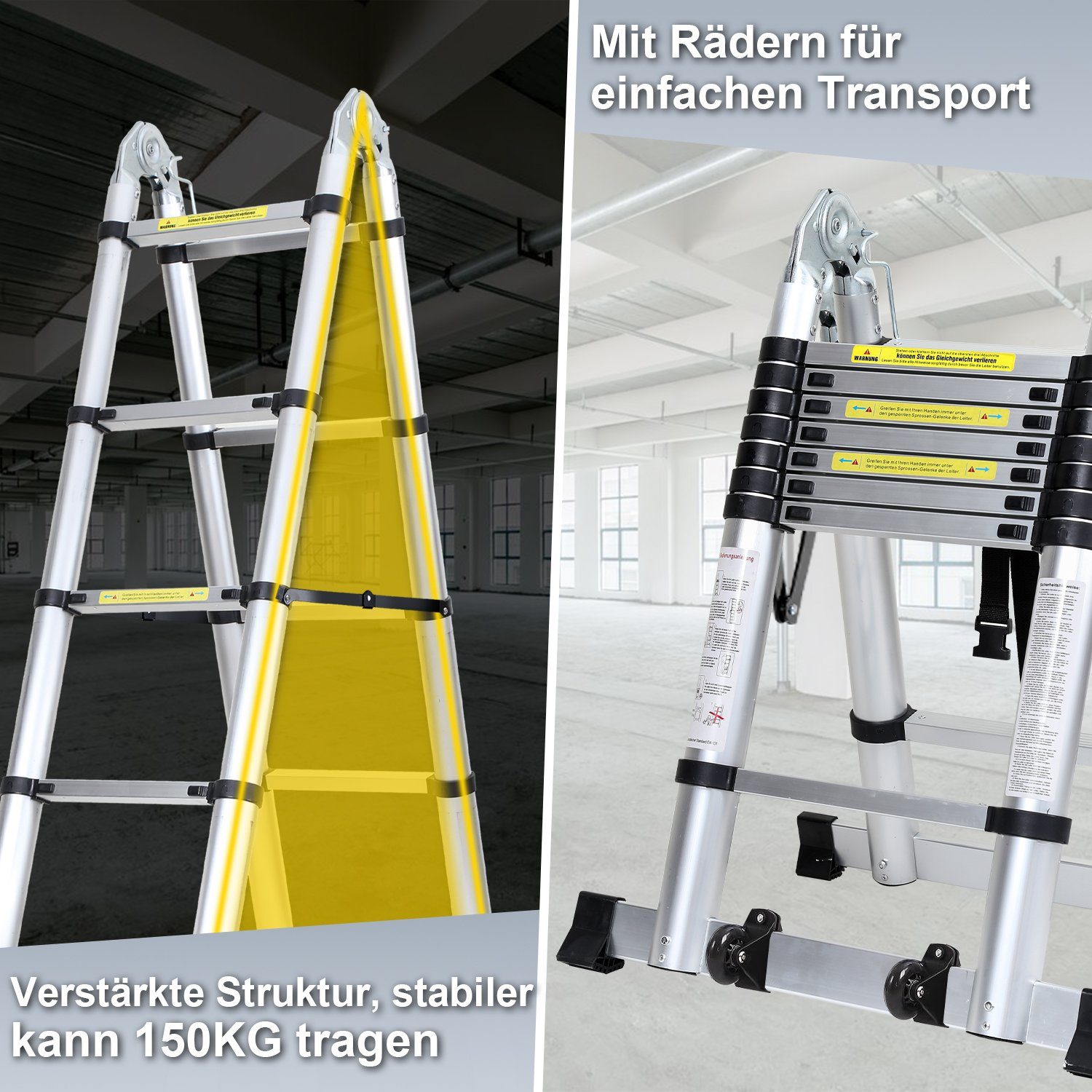 Teleskopleiter Alu Rädern Anlegeleiter Lospitch 2.5+2.5m mit Stabilisator Teleskopleiter