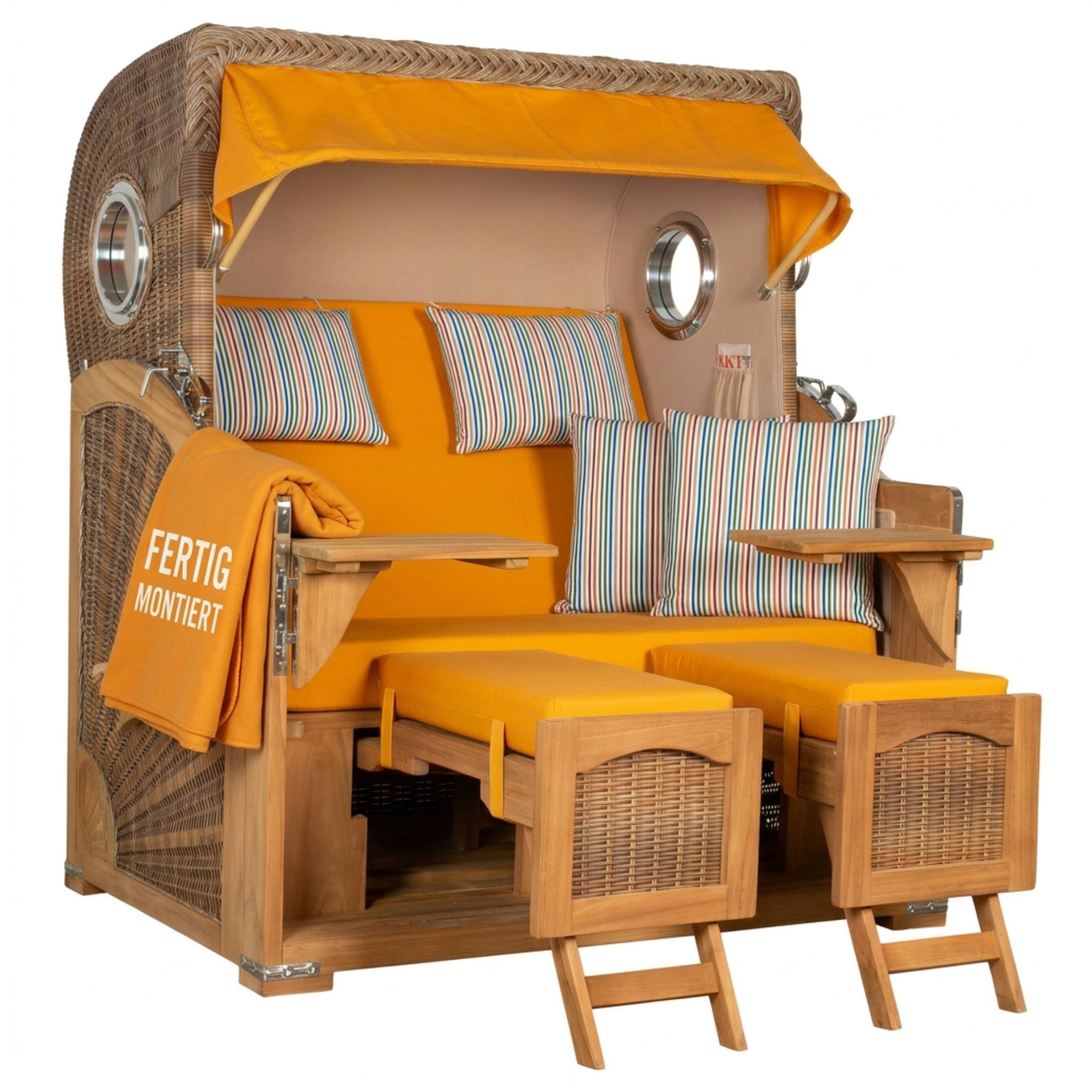 MR.DEKO Strandkorb XL Düne Grande robust 2,5 Sitzer mit Bullaugen Teak PE-Geflecht Banana, BxTxH: 142x95x170 cm, Volllieger, Düne, (Fertig montierter Strandkorb für Garten, Terrasse & Balkon), Wetterfester Volllieger mit Edelstahlbeschlägen & waschbaren Polstern