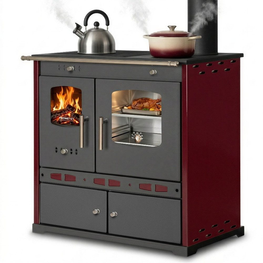 Prometey Festbrennstoffherd Holzherd ECO LUX INOX, Edelstahlbackfach, bordeaux, rechte Version, 7,1 kW