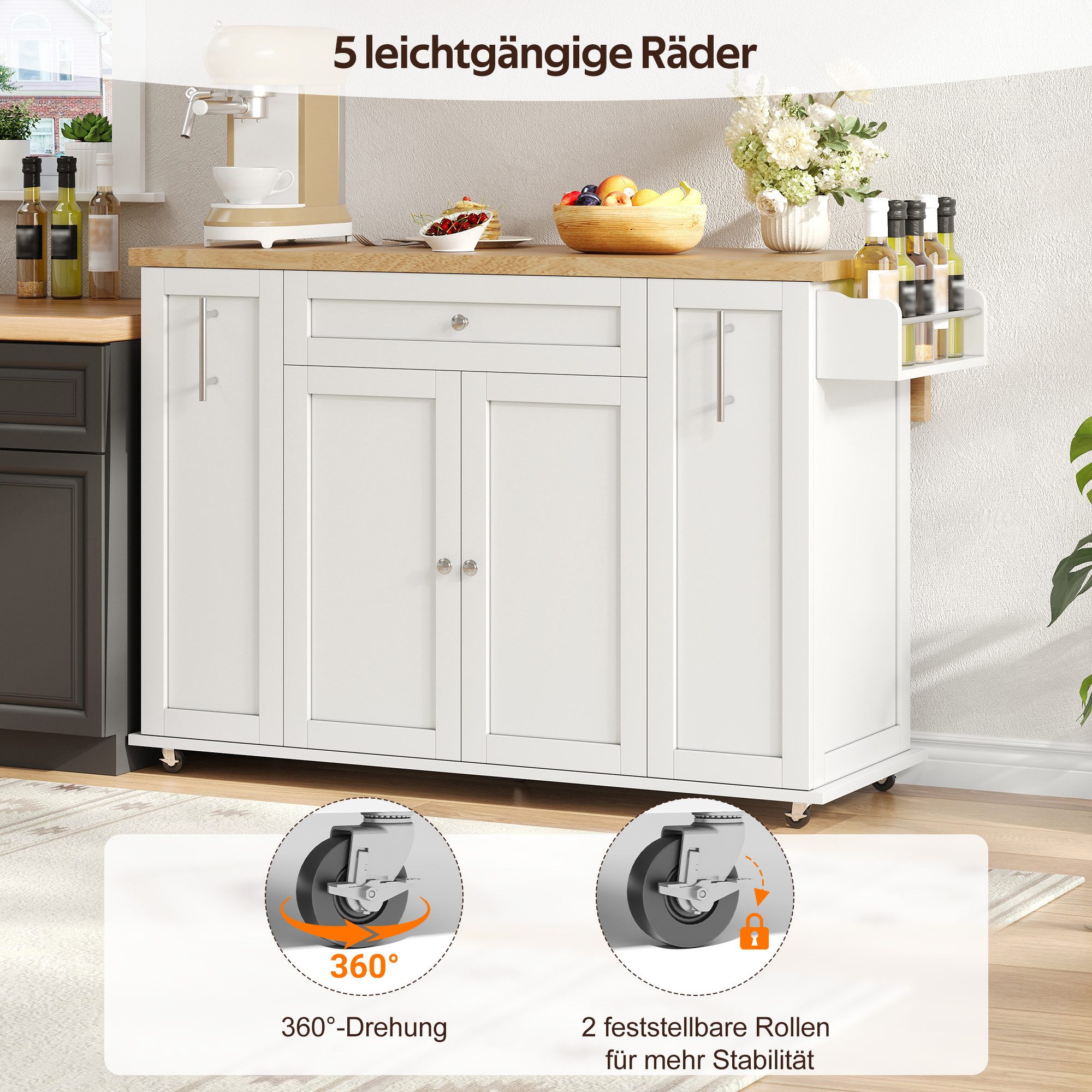Celya Kücheninsel Mobile Küchenwagen mit klappbarer Arbeitsplatte, (120 × 45 (70) × 87 cm), mit 3 vertikalen Schubladen, 2 Türregalen und feststellbaren Rollen