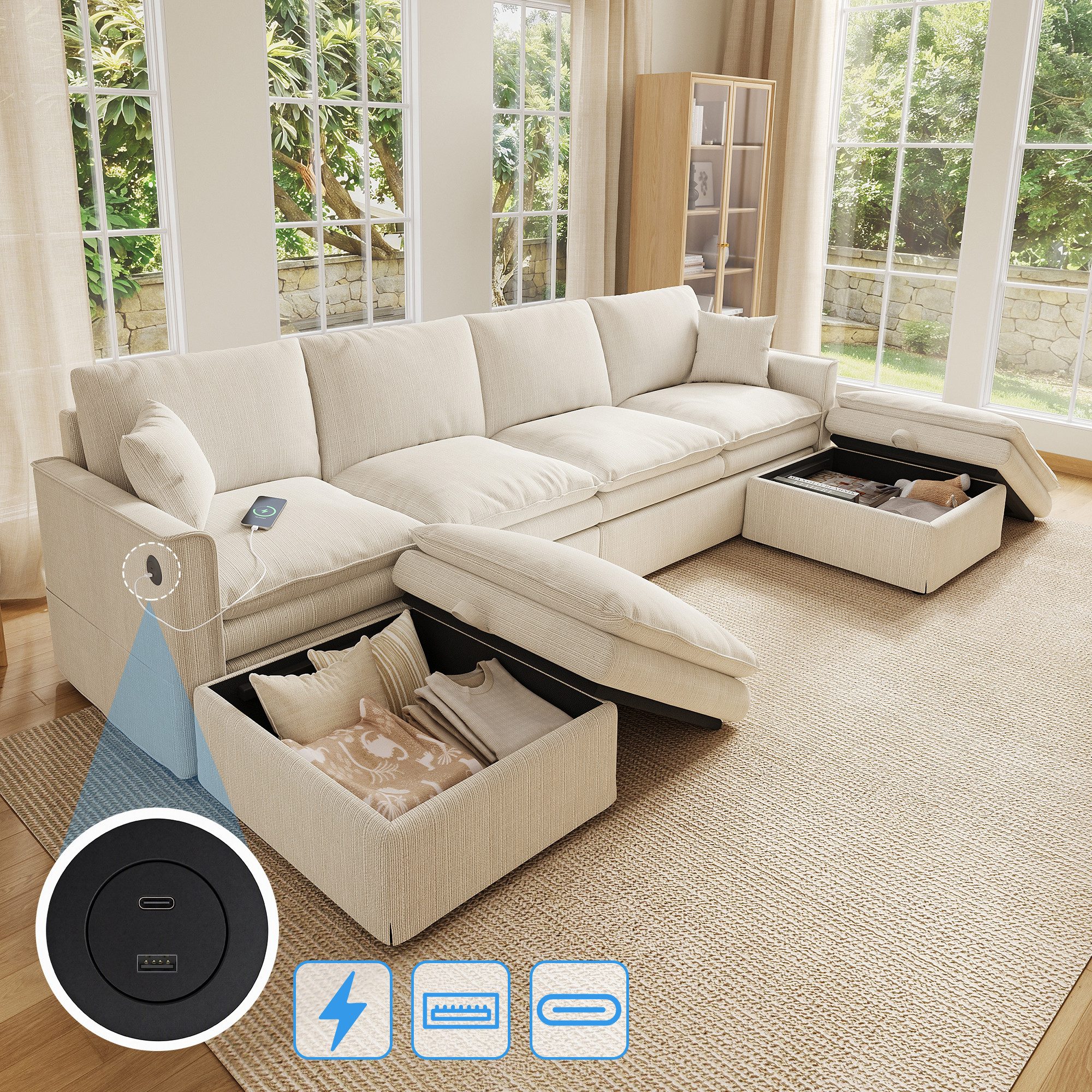 Flieks Sofa U‑Form Ecksofa mit Ladenfunktion, 2 Stauraumhockern und 2 Zierkissen, 277×80×135 cm, 6‑Sitzer Modulsofa Couch Baumwolle-Leinen-Stoff Beige