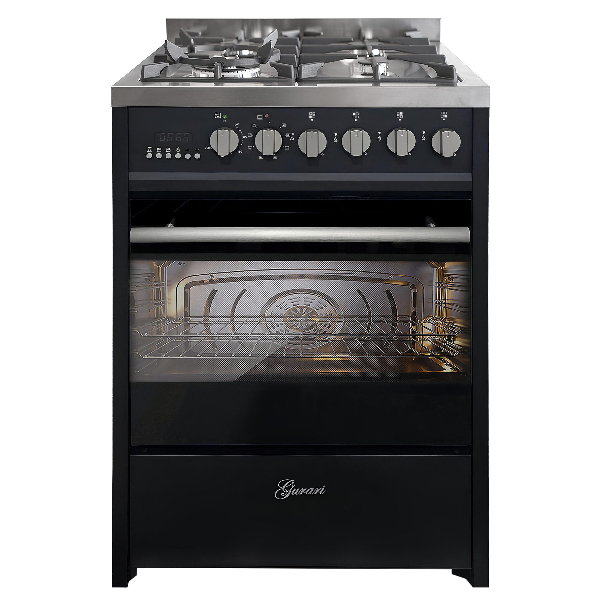 GURARI Gas-Standherd 60 cm Schwarze Gasherd mit Elektrobackofen 60 L Range Coocker GCH E 610 Gas-Elektro-Standherd, Erdgas/Propangas, 4 Kw, WOK, mit 1-fach-Teleskopauszug, Easy-Clean-Emaille, Gas Elektro Standherd 60 cm Erdgas, Fl.Gas 4 Kw WOK, 60 L