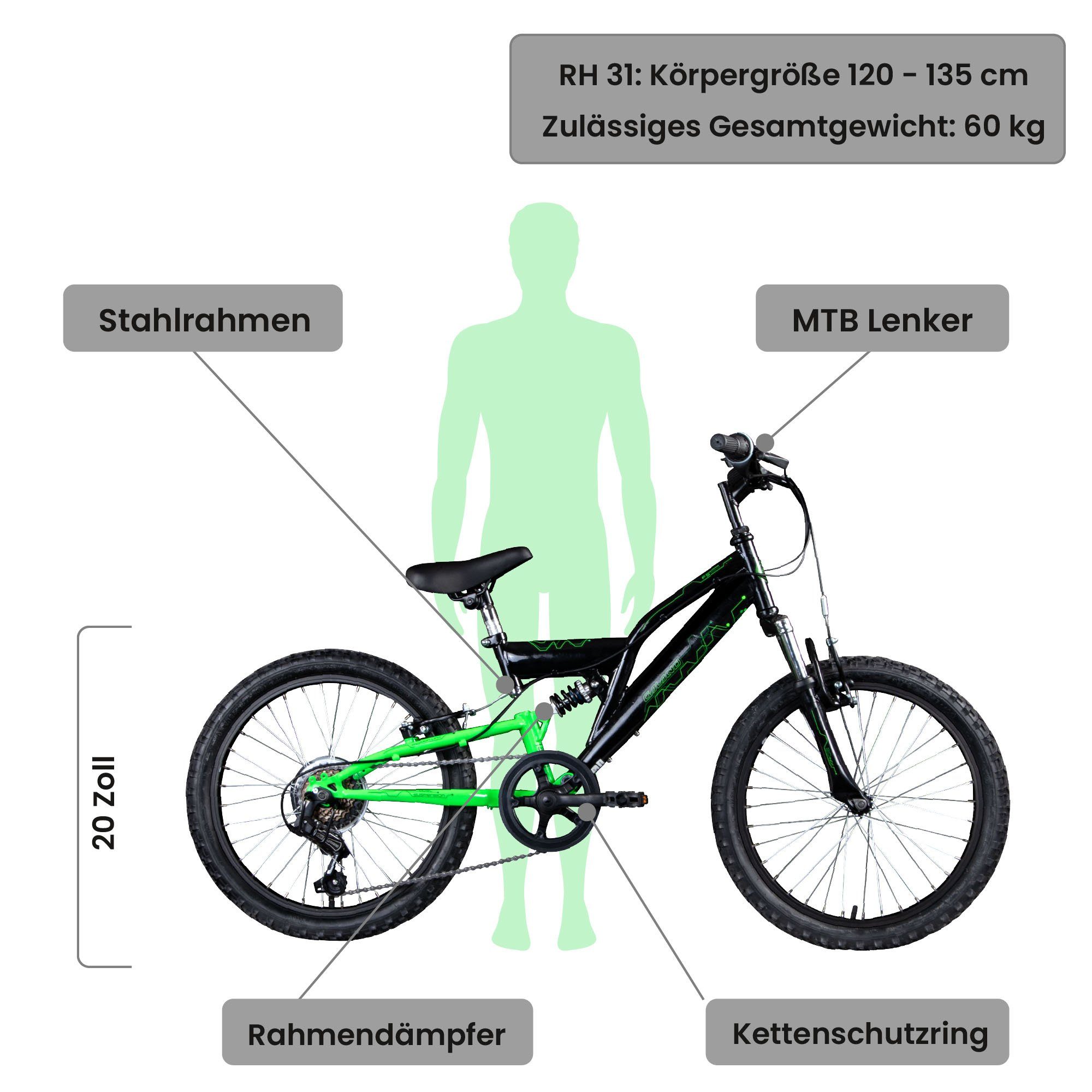 Galano Mountainbike FS180, 6 Gang, Kettenschaltung, 20 Zoll Kinderfahrrad ab 6 Jahre 120-135 cm für Mädchen und Jungen