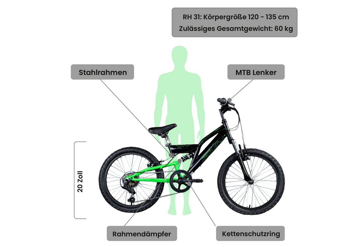 Thumbnail - Galano Mountainbike FS180, 6 Gang, Kettenschaltung, 20 Zoll Kinderfahrrad ab 6 Jahre 120-135 cm für Mädchen und Jungen