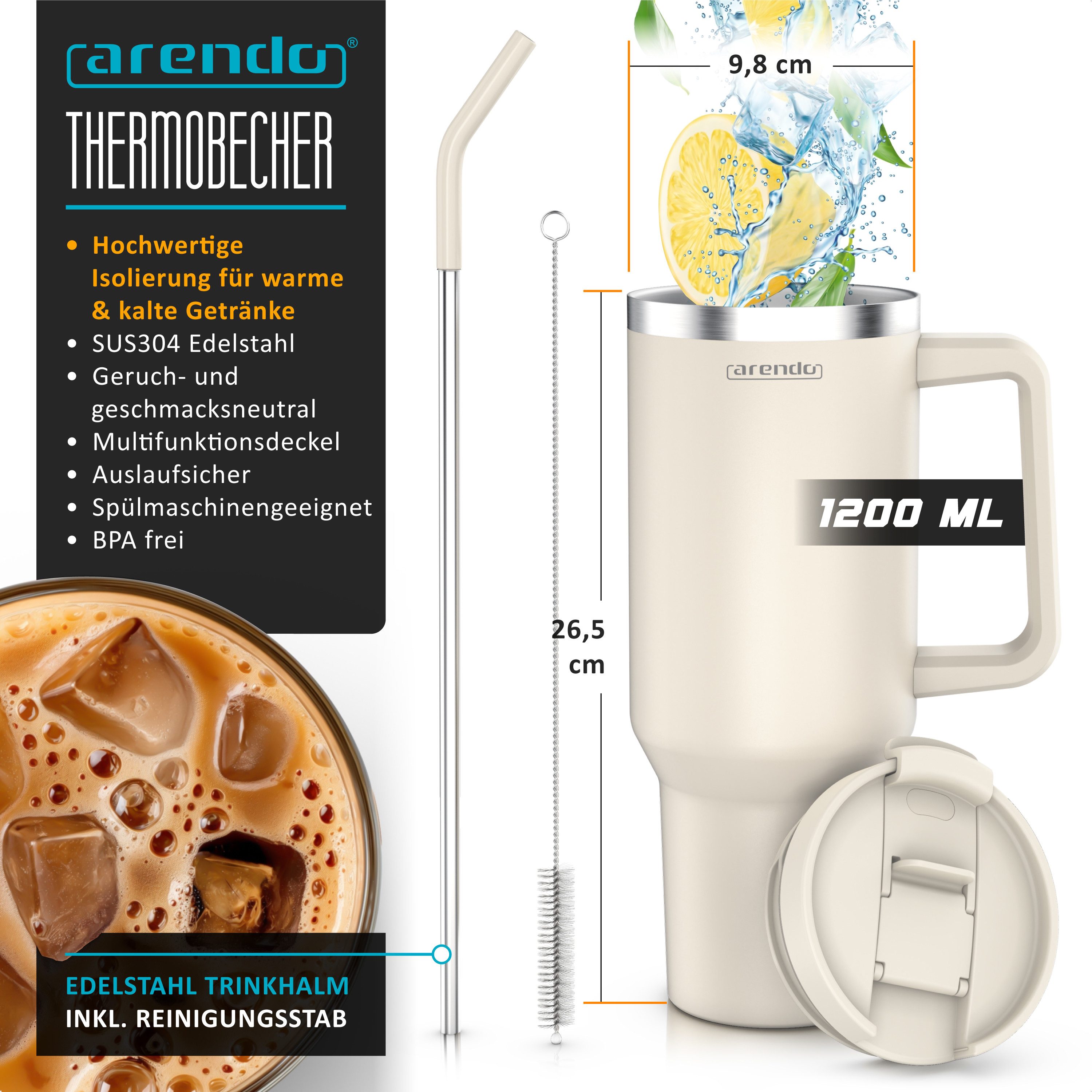 Arendo Thermobecher Tumbler 1200 ml, Becher mit Deckel, Henkel und Strohhalm, Thermal Mug, 1-tlg., Edelstahl, kohlensäuregeeignet, auslaufsicher, doppelwandig,  – Bild 2 von 5