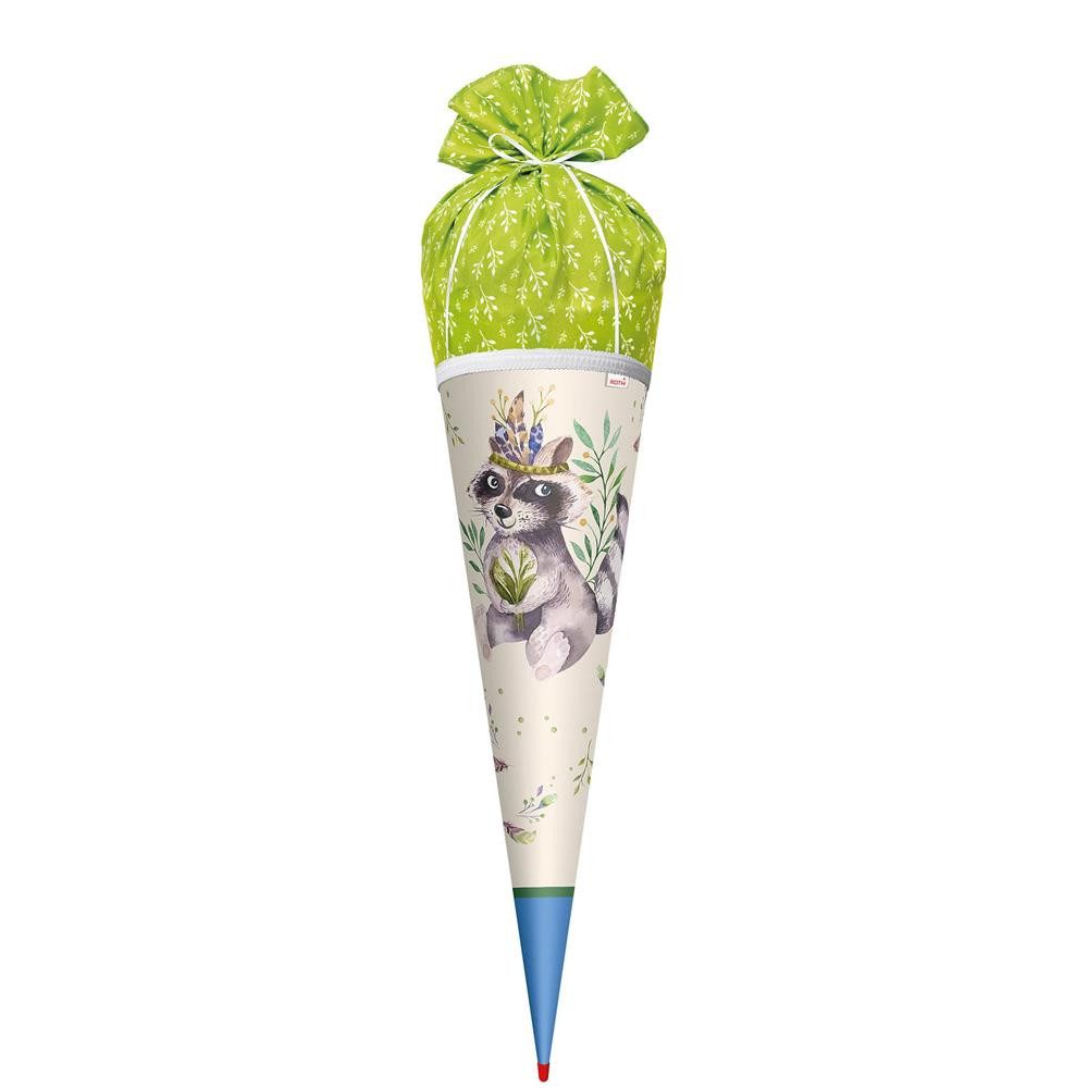 Roth Schultüte Lieblingsstück Willi Waschbär, 70cm, runde Stoff Zuckertüte, Waschbärmotiv, Stoffverschluss, weiße Borte, ROT(H)-Spitze, Schulstart