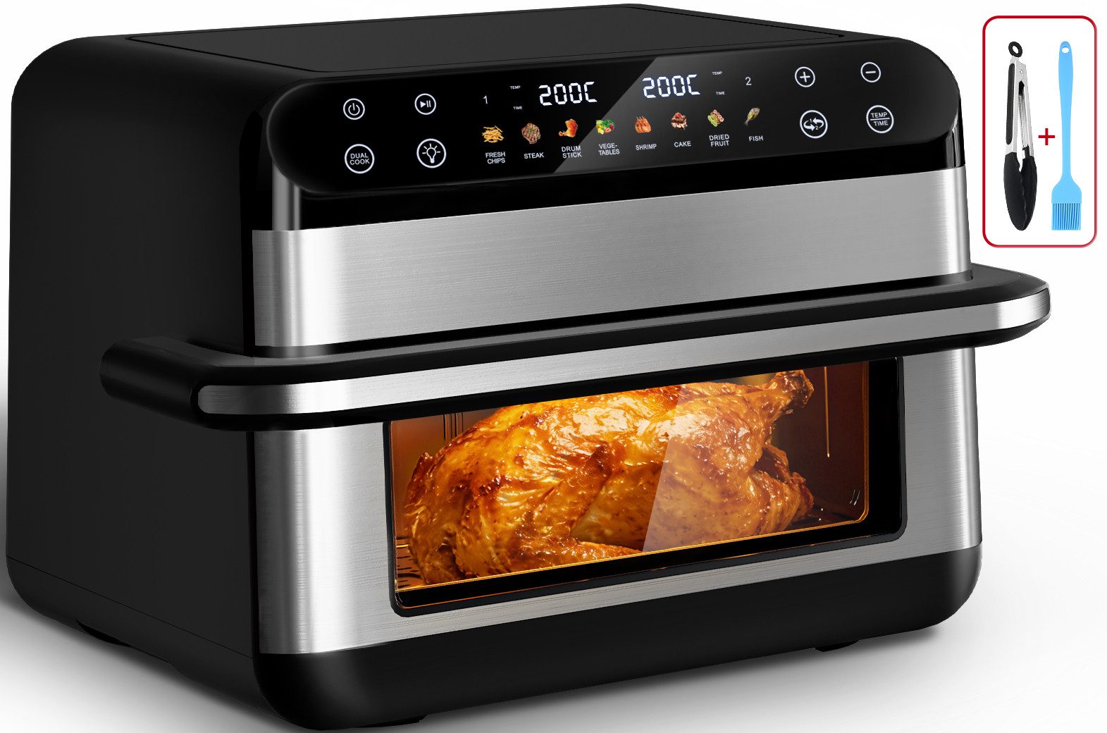 Fukstern Heißluftfritteuse XXL Familien-Airfryer 10L – Ein Topf oder 2-Zonen Airfryer mit Metall-Innenraum, Touchscreen & Sichtfenster, 2400 W, Herausnehmbare Trennwand, 8-in-1, separate Temperatur – Pizza