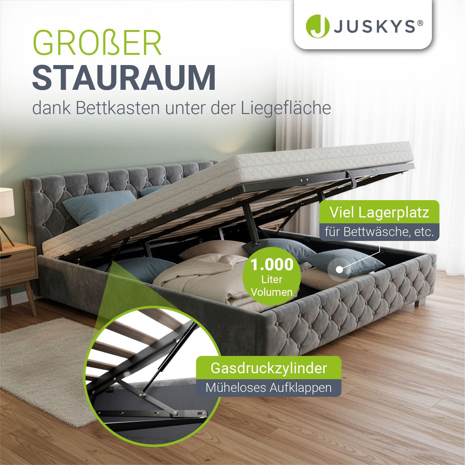 Juskys Polsterbett Nizza, Stauraum, LED Licht, Chesterfield Steppung, Samtbezug