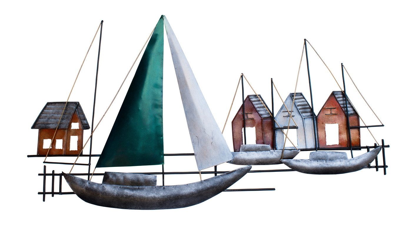 Kaufhaus le petit Wanddekoobjekt Wanddeko Schiff mit Häuser Metall Segelboot Boot Segelschiff Skulptur, Handgefertigte Wanddeko aus Metall