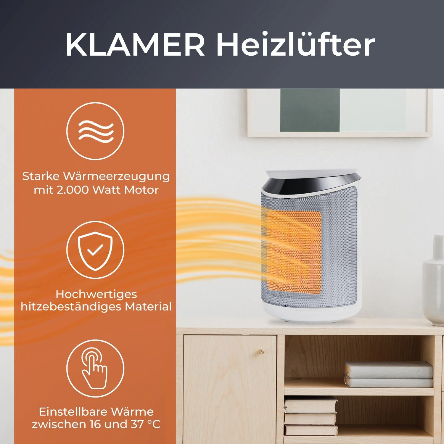 KLAMER Heizlüfter 2000 W, PTC Keramik Heizlüfter energiesparend, 3 Heizstufen inkl. Eco…, 9 Std Timer, Kippschutz, Thermosicherung, Überhitzungsschutz