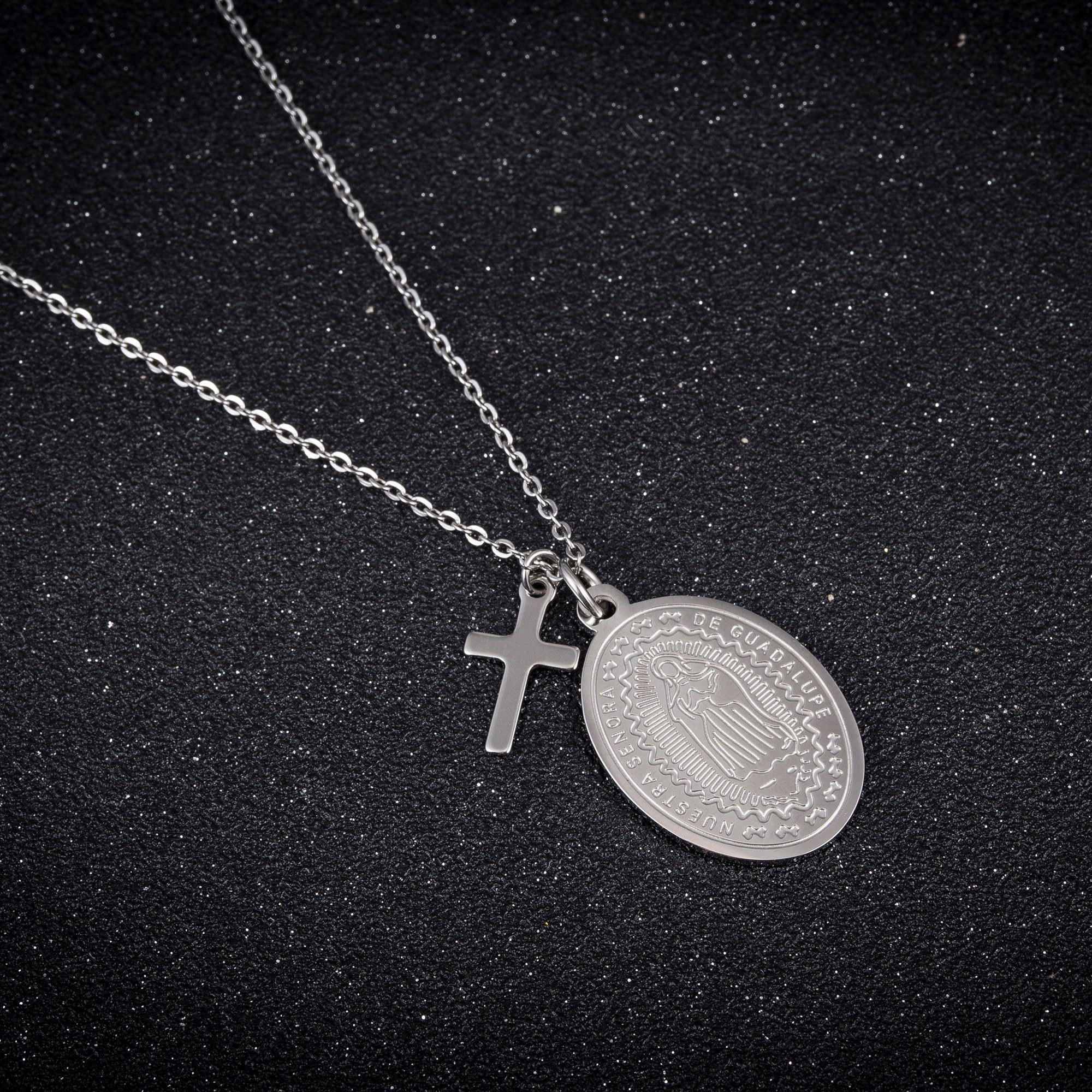 Religion, Kim Glaube Johanson aus Kette Marienbild mit Silber Edelstahl Kreuz Anhänger