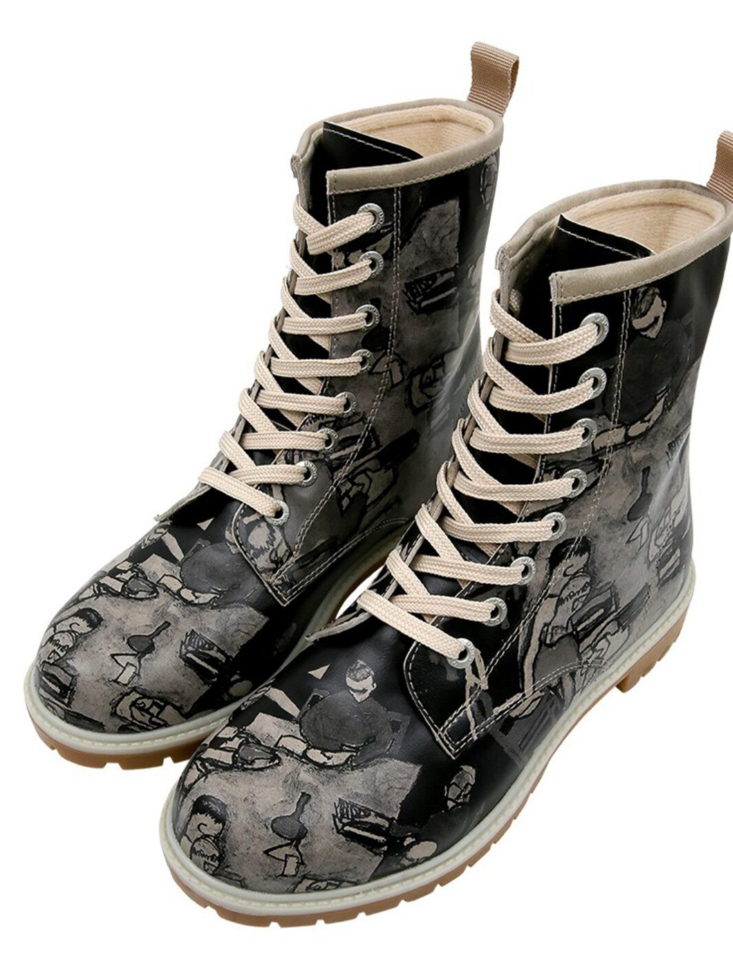 DOGO Long Boots Schnürstiefel Supper Blackwhite Damen Stiefeletten, Schnürboots Handgefertigt
