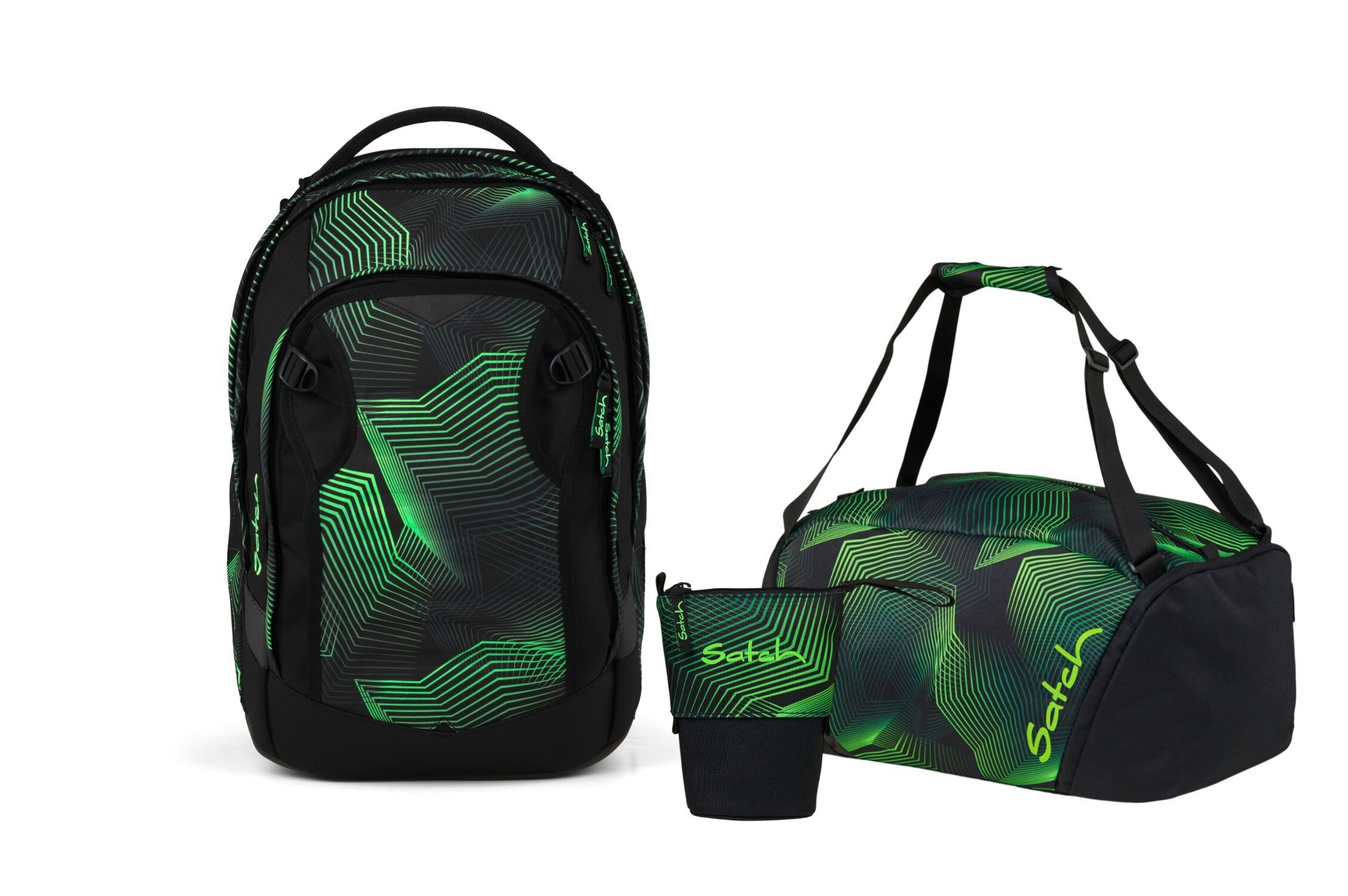 Satch Schulranzen Schulrucksack-Set MATCH PLUS Seismic Green 3-teilig (3-teilig), Schulranzen, ergonomisch, 30 + 5 Liter, 4 Fächer