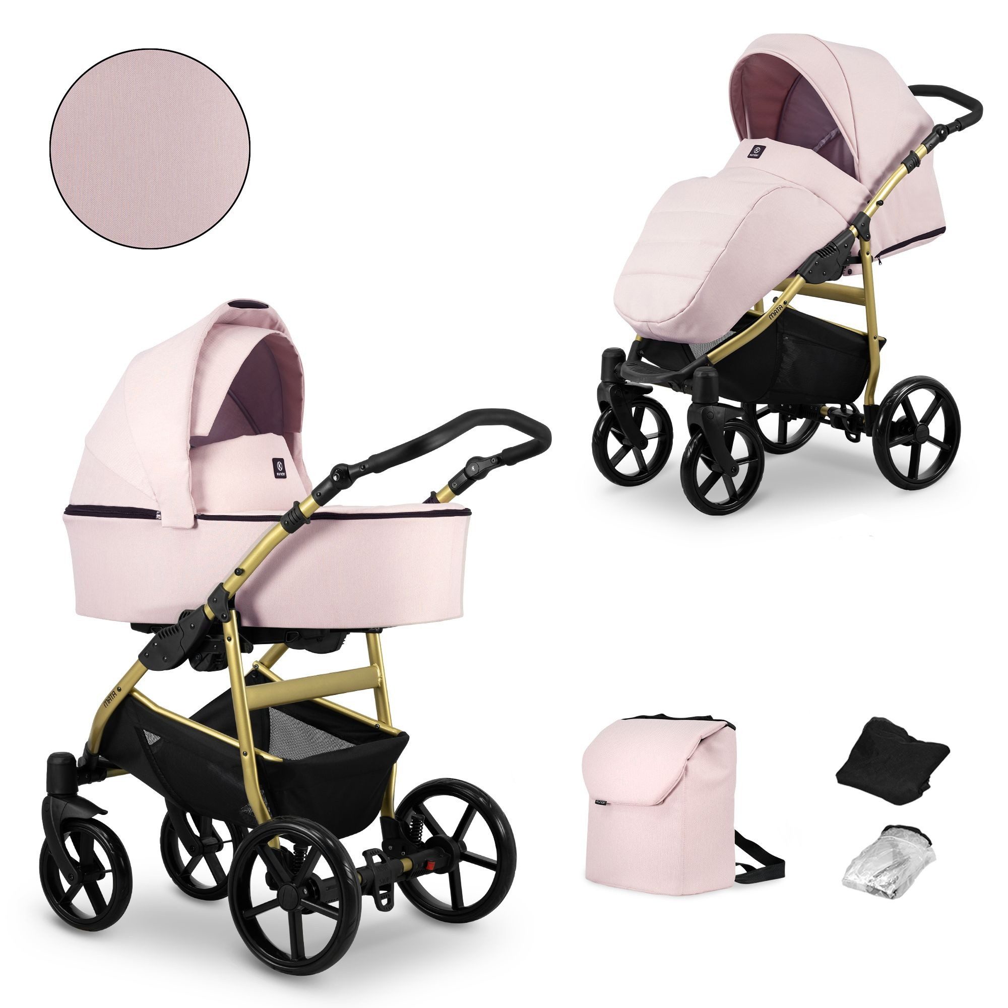 KUNERT Kombi-Kinderwagen MATA 2 in1 Kinderwagen mit Goldrahmen in Schwarz für Komfort, Aluminiumrahmen, verstellbarer Griff aus ökologischem Leder