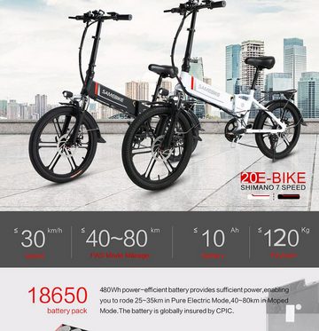 SAMEBIKE E-Bike 20LVXD30-II Klappbares Elektro-Moped Fahrrad, 7 Gang Shimano, bürstenloser Motor, 10Ah Batterie 30km/h Max Geschwindigkeit