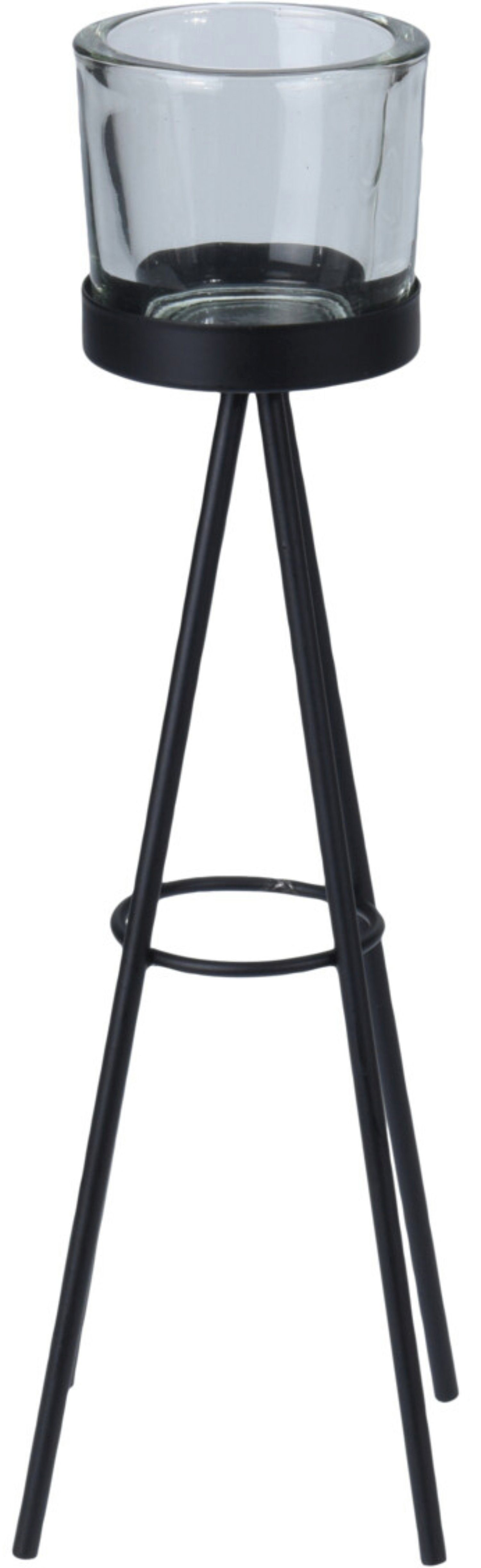 Koopman Kerzenhalter Teelichthalter Metall 2 er Set Schwarz 23/28 cm hoch Glas Ø10CM (2er-Set, 2 St., Packung), Teelichthalter, Teelicht, Kerzenleuchter, Metall