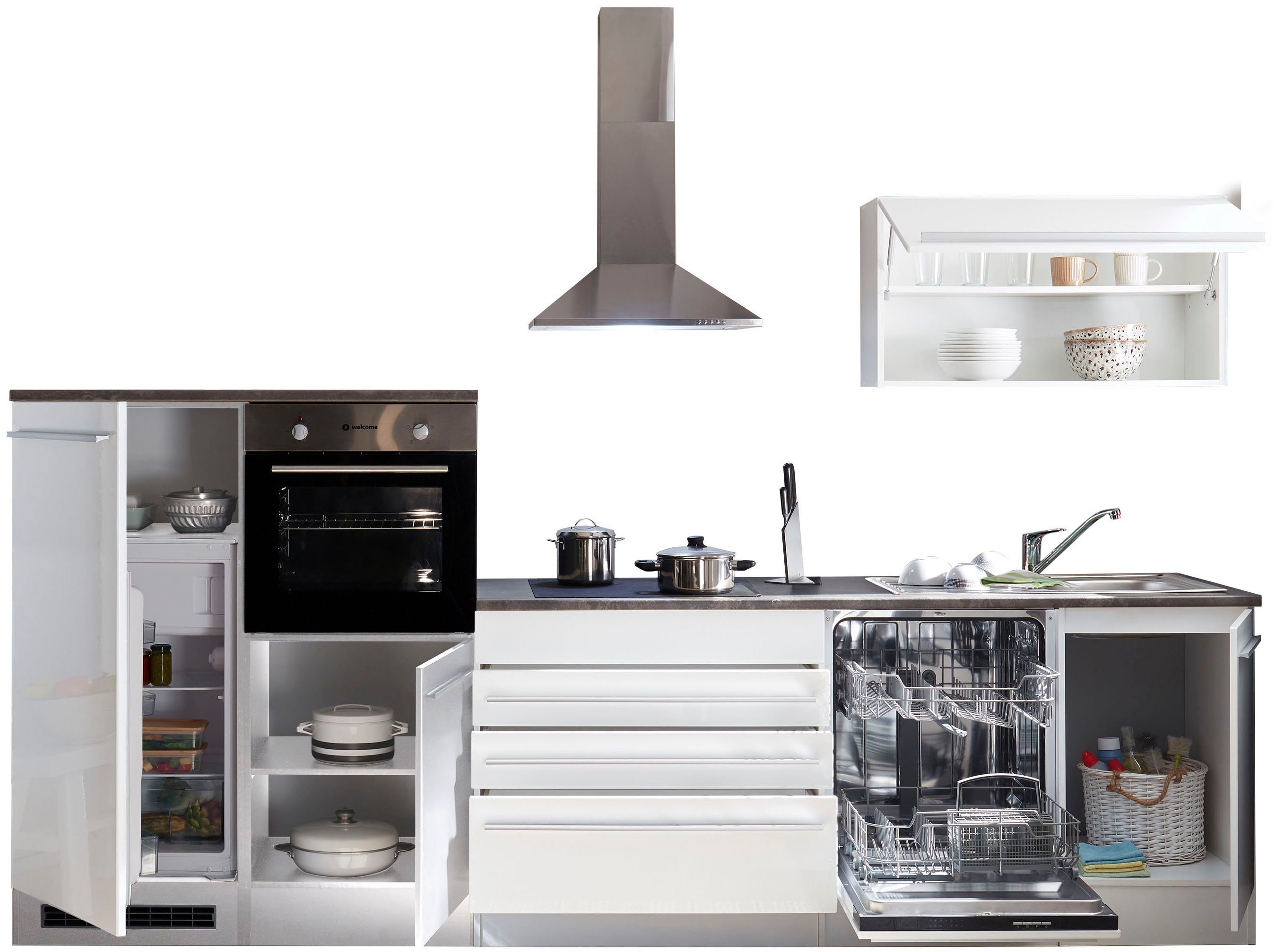 | hochglanz-stone E-Geräten Küchenzeile by weiß hochglanz Jazz, BASIC cm, 320 weiß mit dark wahlweise matt/weiß Balculina Breite