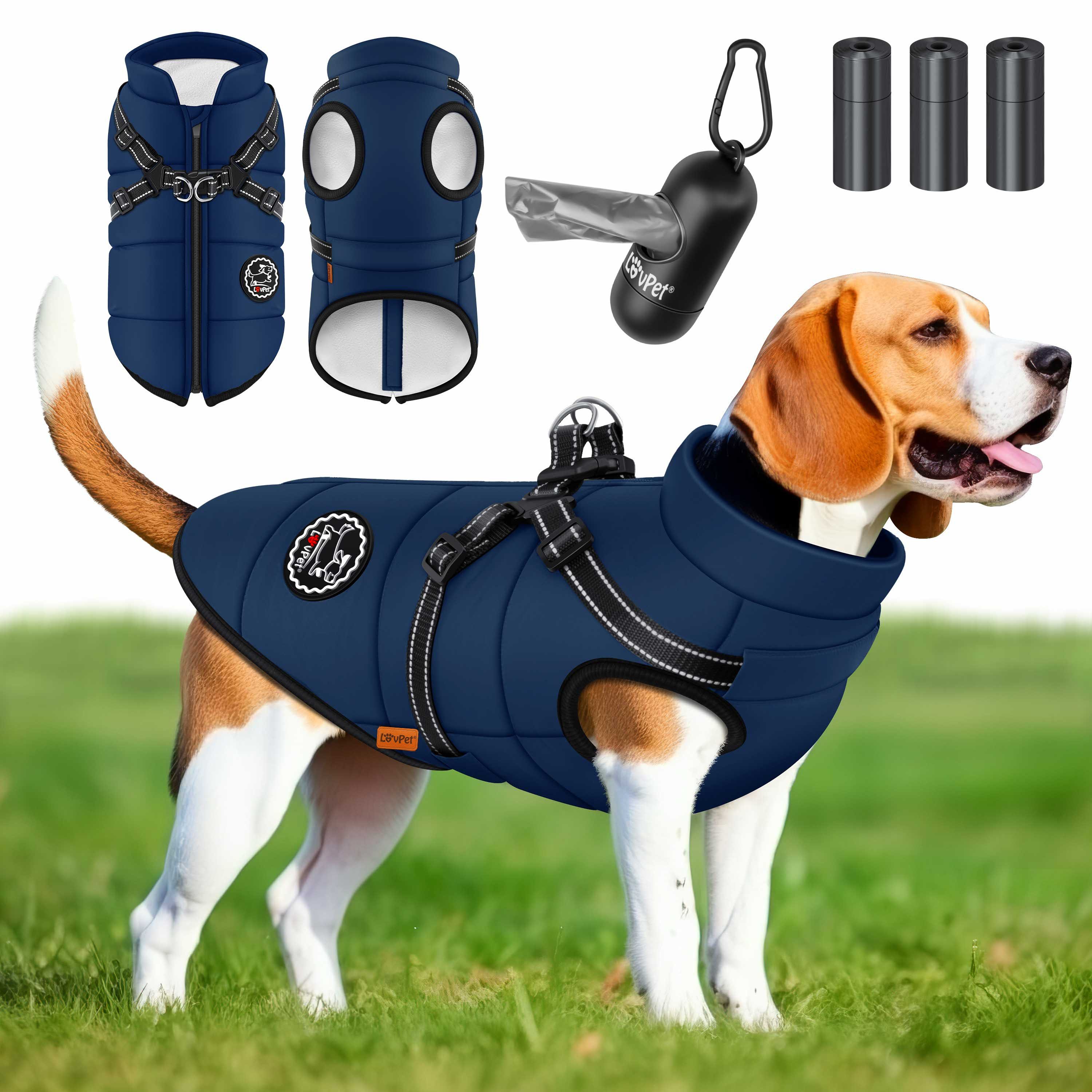 Lovpet Hundejacke, Hundemantel mit Geschirr, inkl. 45 Stück Kotbeutel +Spender