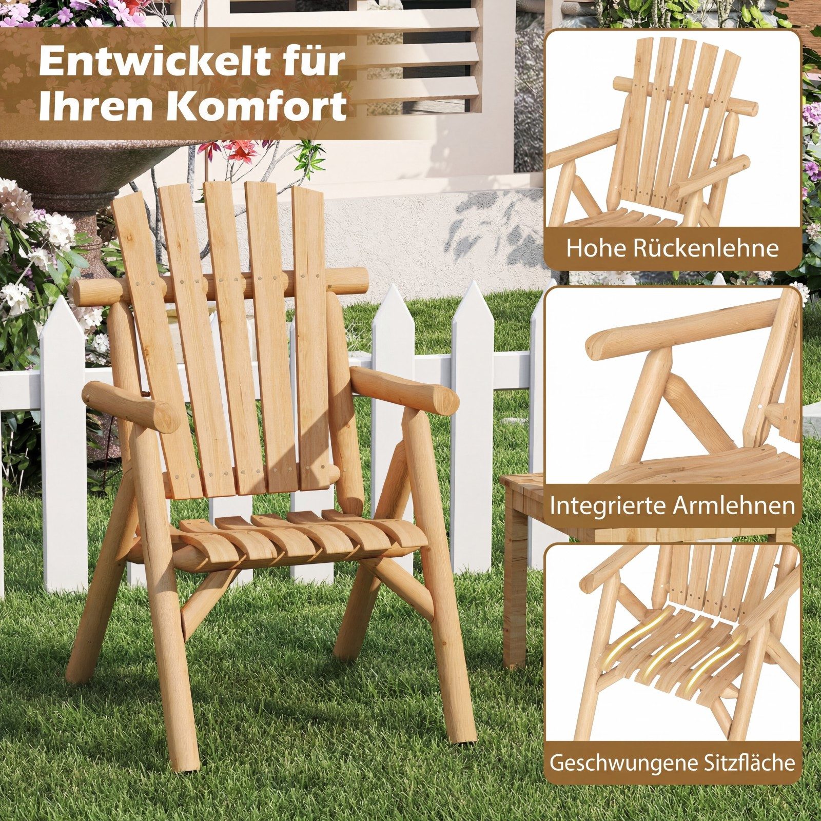 COSTWAY Gartenstuhl, wetterfester Gartensessel Holz, Balkonstuhl