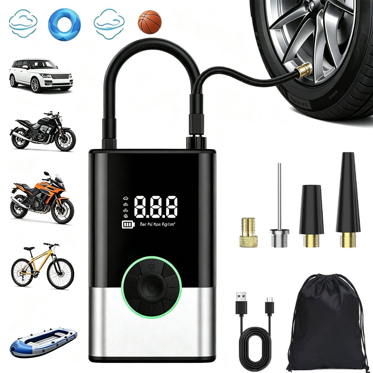 Pdgrid Akku-Luftpumpe 6000mAh Tragbare Elektronische Tragbare 150PSI Fahrradpumpe Elektrisch, luftpumpe für fahrrad,Luftkompressor Portable Electric Air