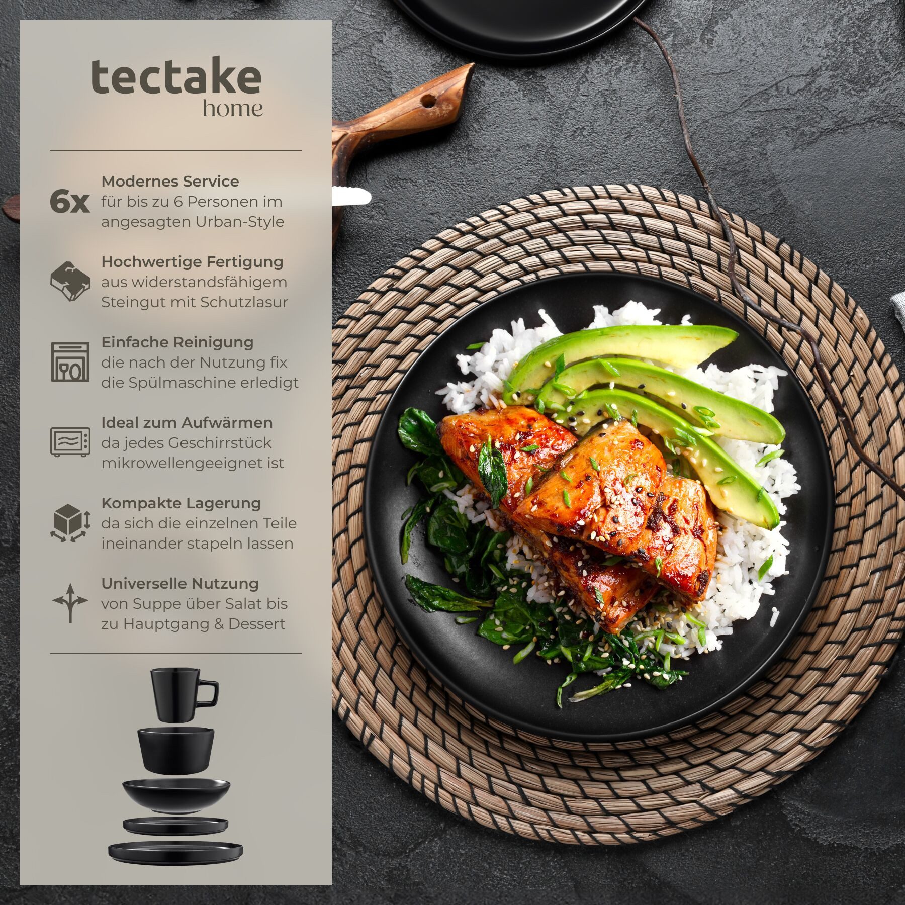 tectake Geschirr-Set Tafelservice aus Steingut für 6 Personen, ineinander stapelbar (30-tlg), 6 Personen, Steingut, im Urban-Style, mit Glasur, spülmaschinen- u – Bild 2 von 5