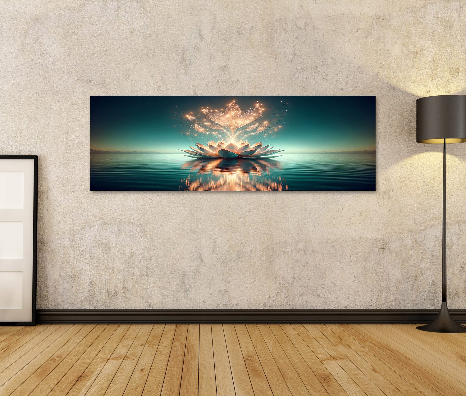 islandburner Leinwandbild Leuchtende Lotusblüte auf ruhigem Wasser Funkelnd günstig online kaufen