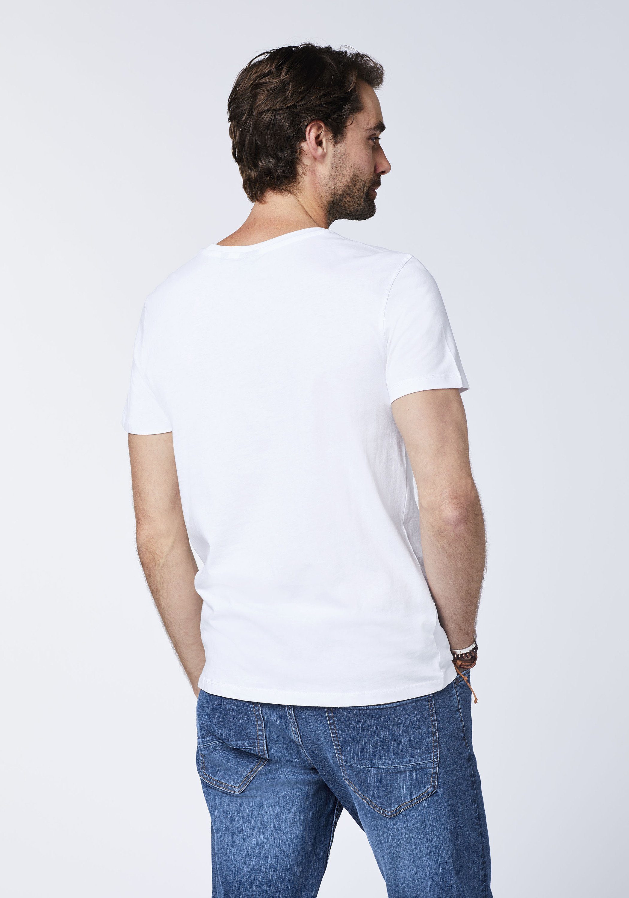 Polo Print-Shirt White/Dark 1048 Blue mit Sylt Frontprint Logo Neon