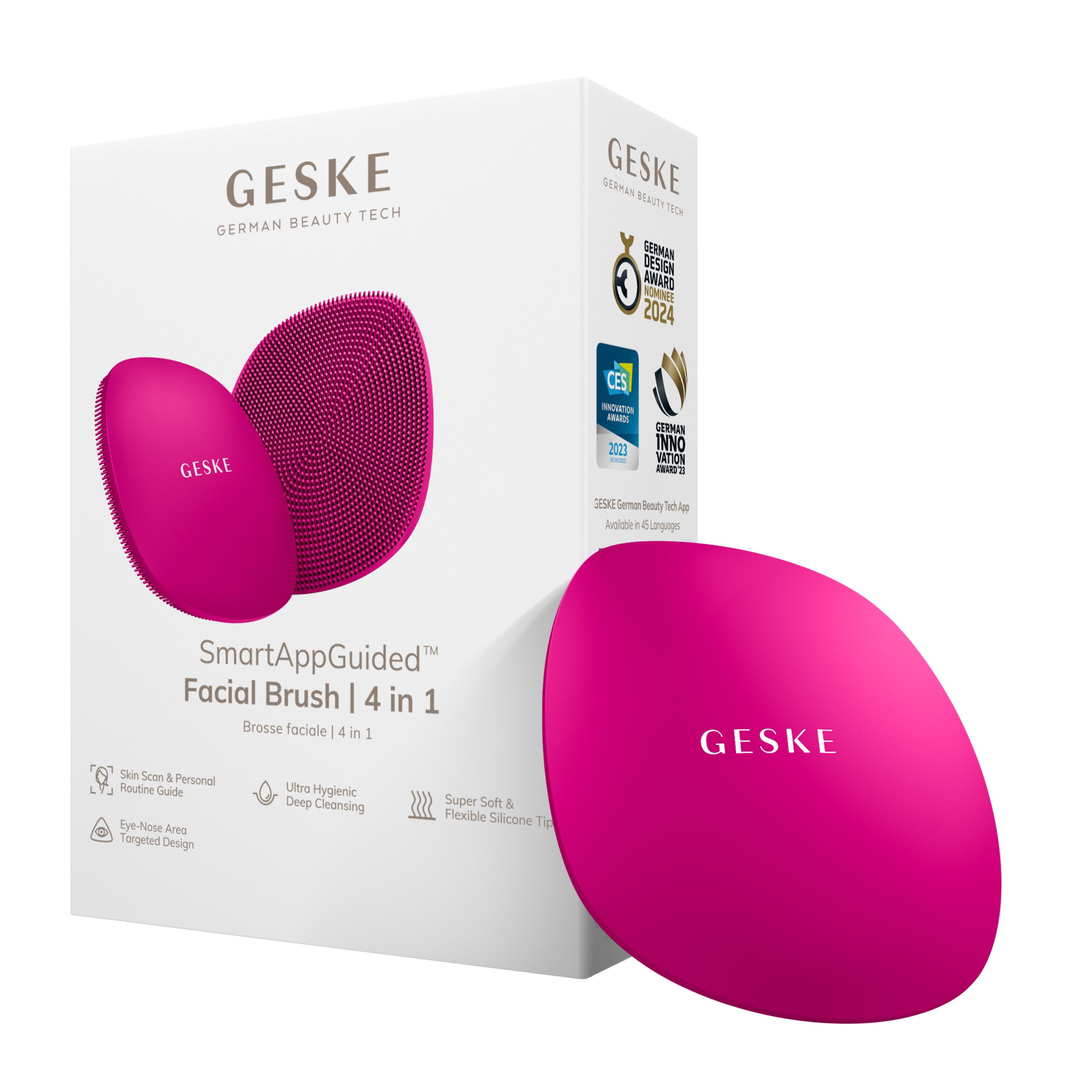 GESKE German Beauty Tech Gesichtsreinigungsbürste SmartAppGuided™ Facial Brush 4 in 1, Packung, 1-tlg., inkl. kostenloser APP (SmartAppGuided Device), Mit der GESKE App erhältst Du deine personalisierte Hautpflegeroutine.