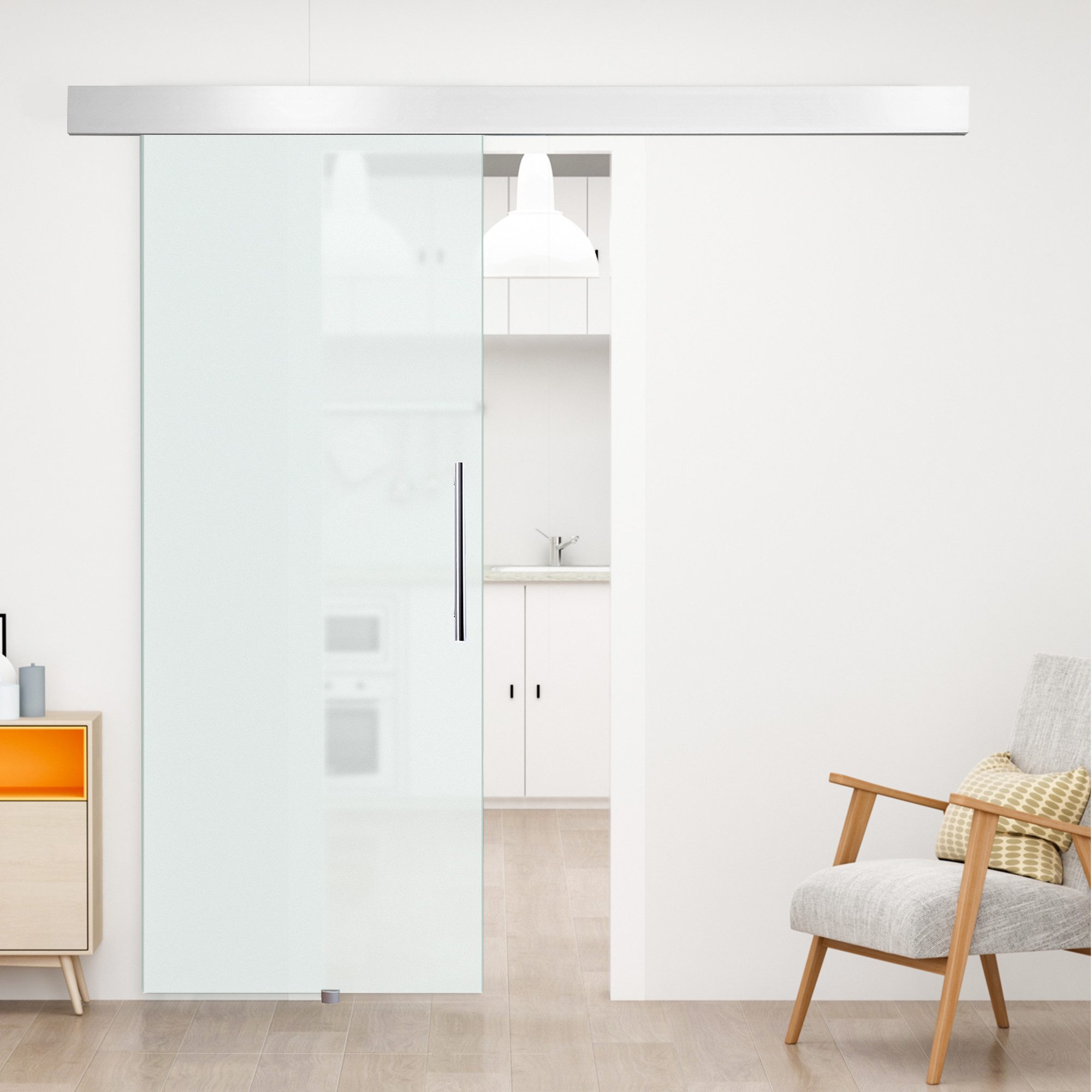 HOMCOM Schiebetür Komplettset Zimmertür Wandmontage mit Laufschiene, Trennwände (einseitig, 1-St., satiniert), einseitig satiniert 90 x 205 cm