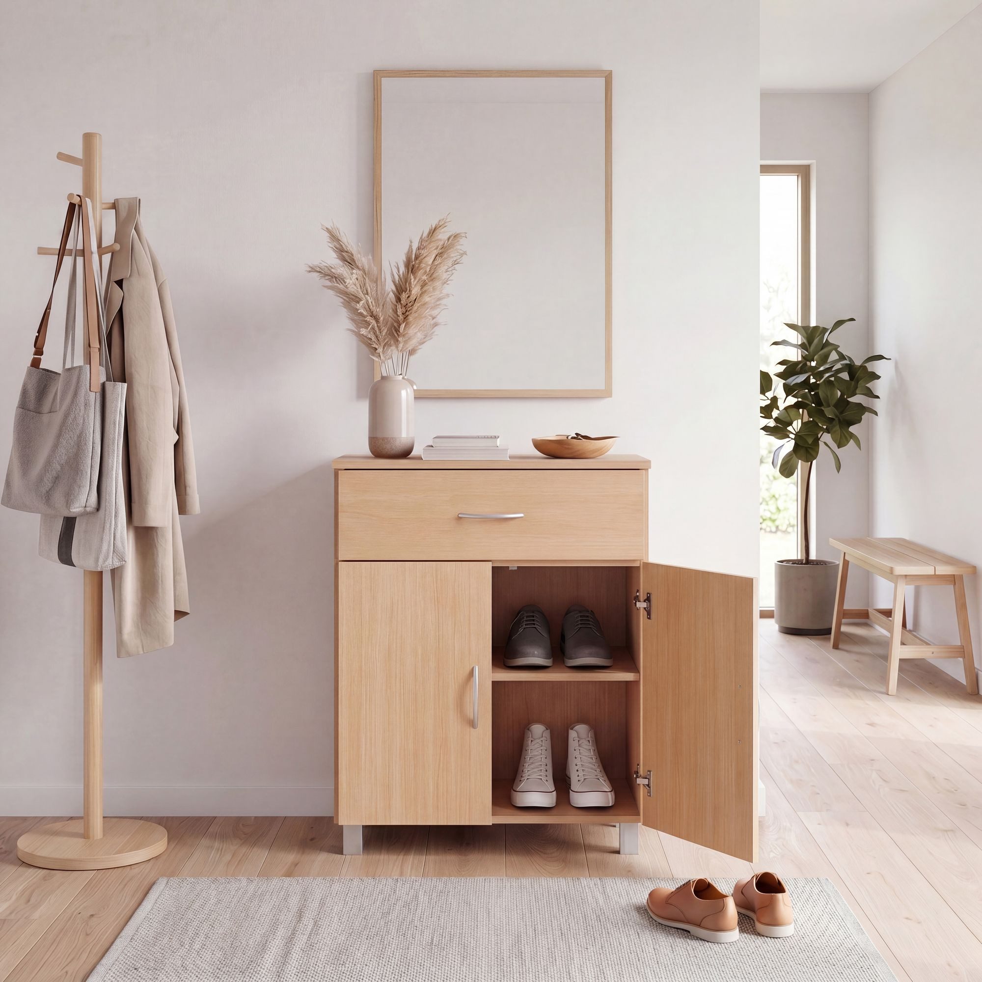 FINEBUY Schuhkommode FB111565 Schuhschrank Buche Optik 60 cm mit Schublade und 2 Türen (Schuhschrank Buche 60 cm, Platzsparend Modern), Flurkommode, Schuhregal Flurschrank mit Ablage
