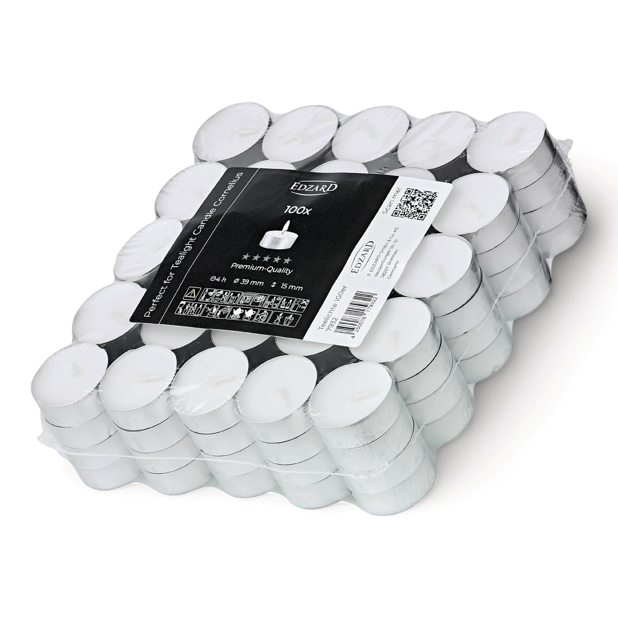 EDZARD Teelicht Teelichter 100 Stück Ø 39 mm Premium Wachs im Alu-Cup (Set), Kerzen-Set aus Premium Wachs mit Alu-Cup, Wachskerze ohne Duft